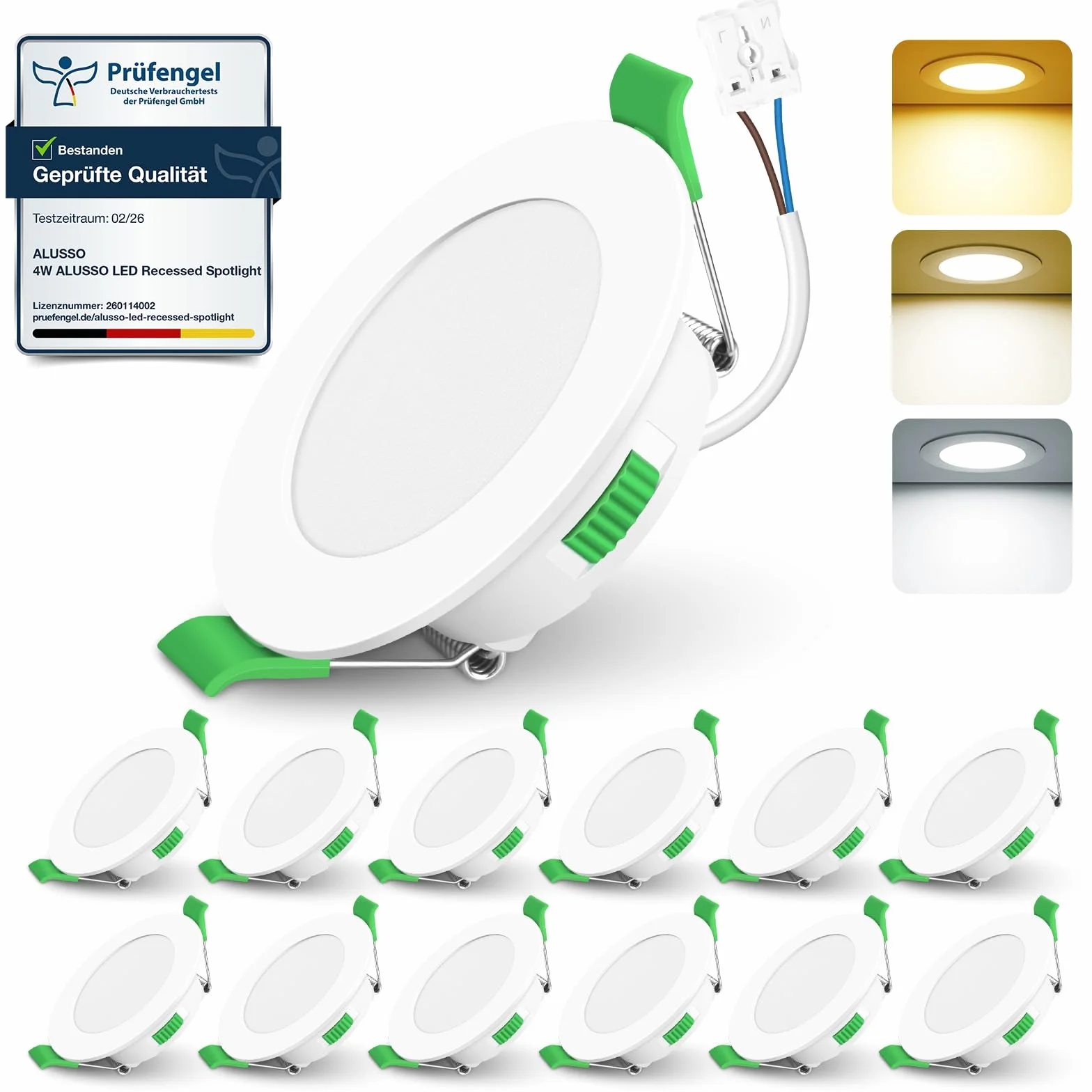ALUSSO LIGHTING Reflektory wpuszczane LED do płyt gipsowo-kartonowych, 4 W 310 LM 230 V Wewnętrzne lampy sufitowe, otwór wpuszczany Ø55-68 mm, 3CCT 3000K 4000K 6500K LED wpuszczany reflektor IP44 do