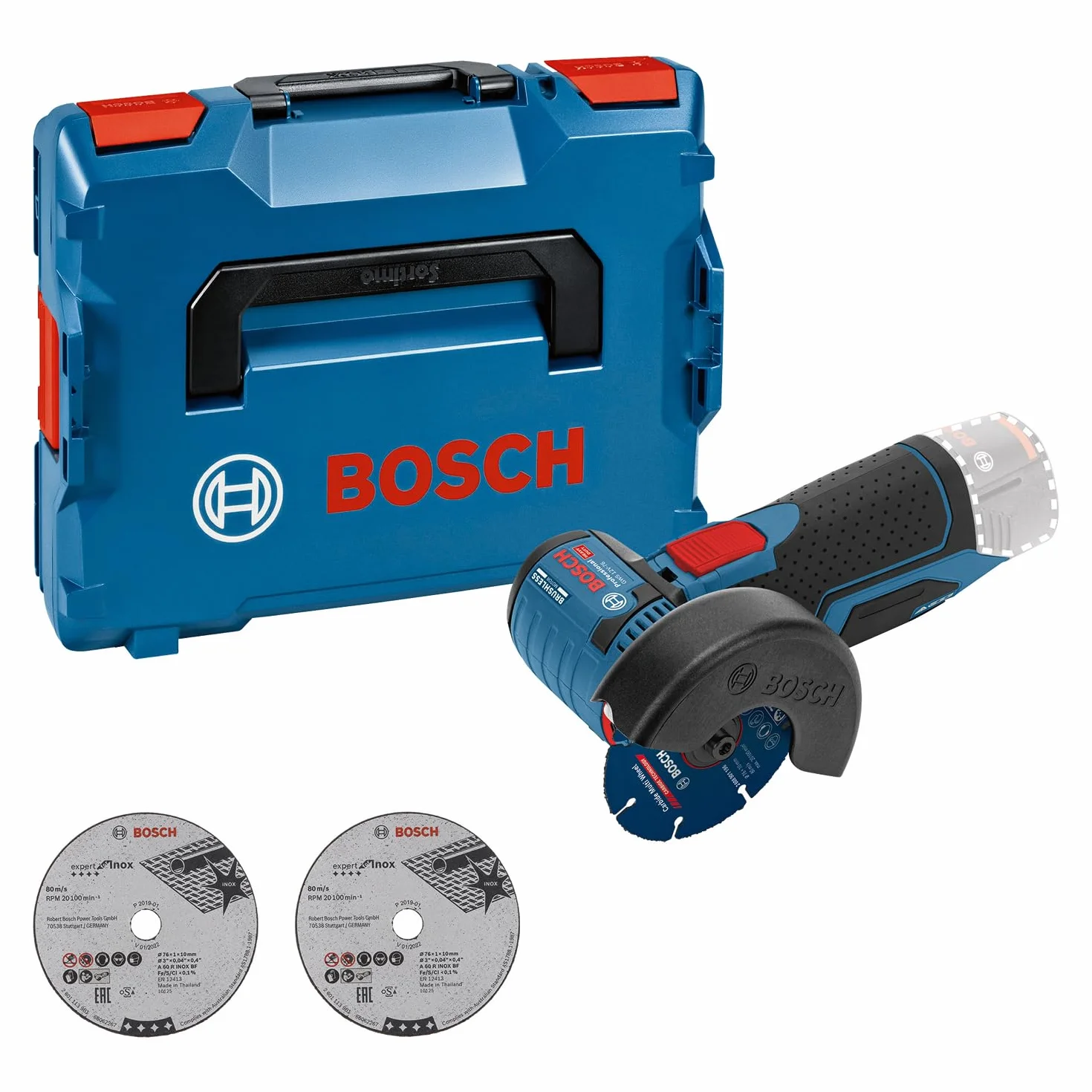 Bosch Professional system 12V: akumulatorowa szlifierka kątowa GWS 12V-76 (3 tarcze tnące, Ø tarczy: 76 mm, walizka L-BOXX)