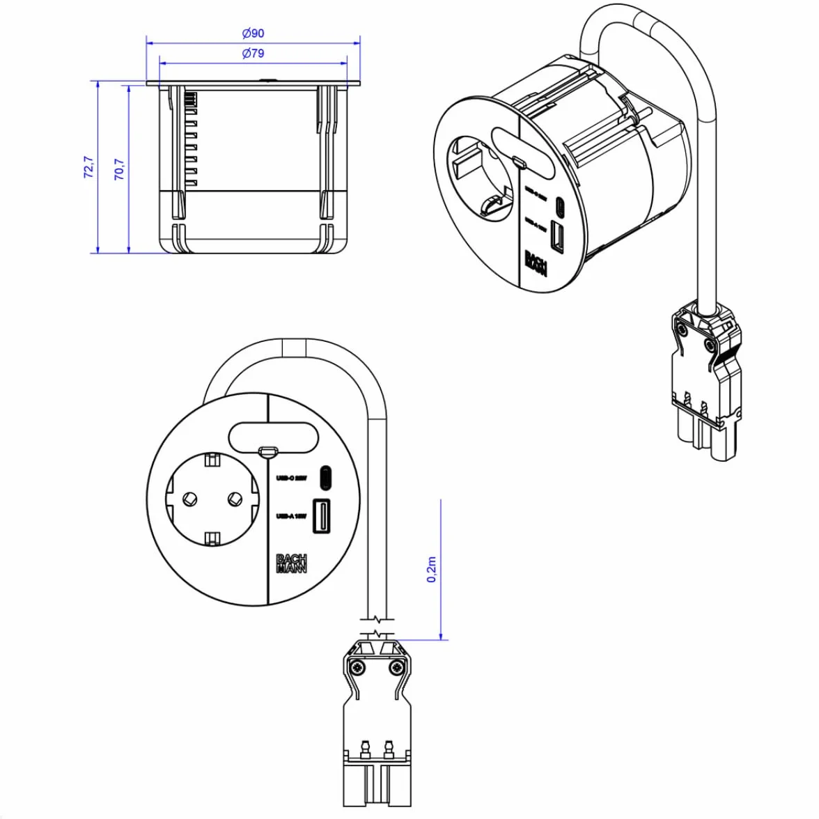 BACHMANN 938.203 gniazdko elektryczne Loop IN Charge 1 x USB A/C 22 W z otworem na kabel 0,2 m, przewód zasilający ISV do biura, sali konferencyjnej i salonu, kolor czarny
