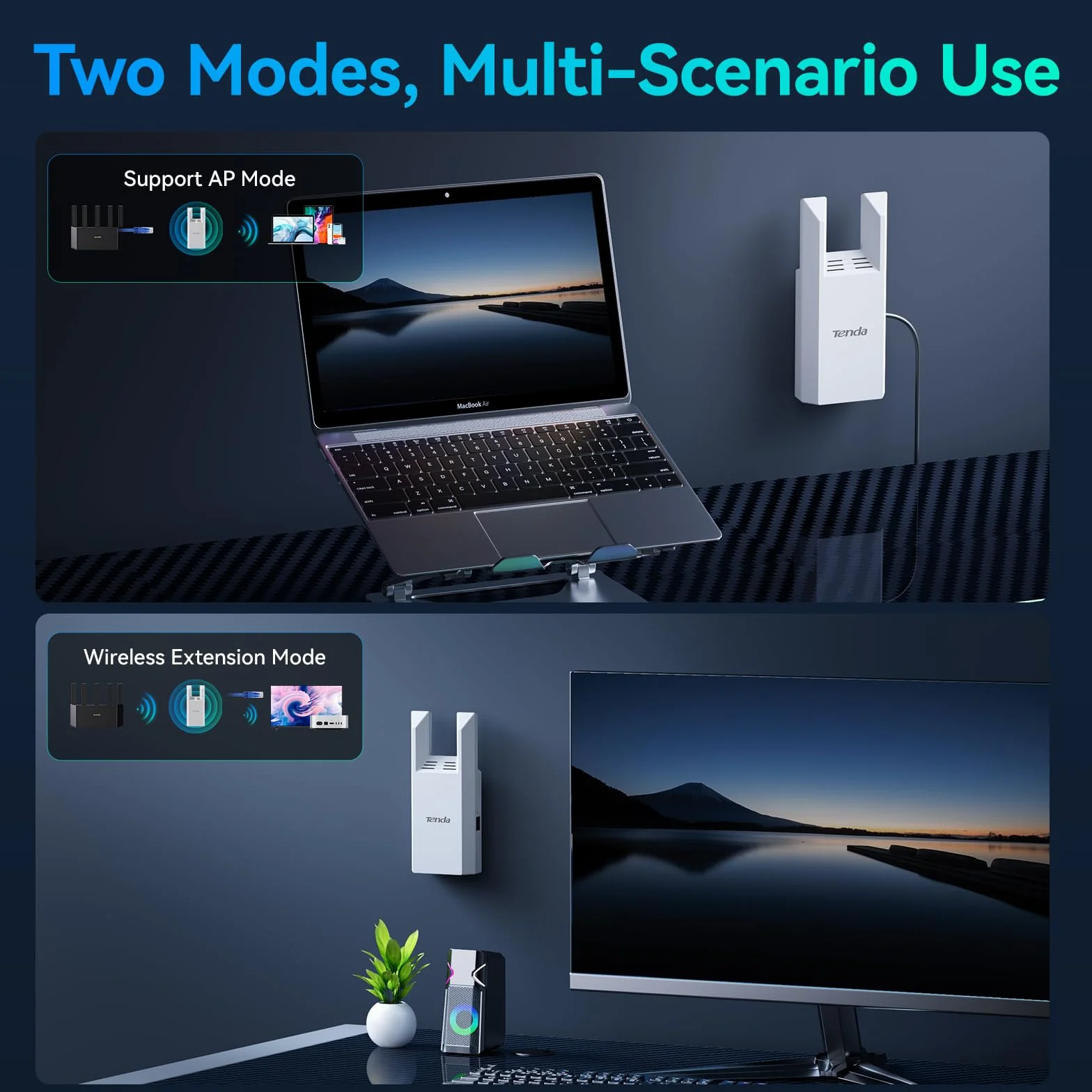 Tenda A18 Pro AC1200 Mb/s dwuzakresowy wzmacniacz Wi-Fi, funkcja wzmacniacza i punkt dostępowy 5 GHz/2,4 GHz z portem Gigabit LAN, inteligentny sygnał LED, przycisk WPS, bezpieczeństwo WPA2