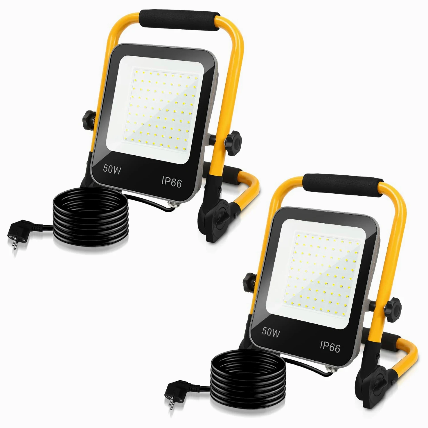 Reflektor budowlany LED 50 W 2 x lampa robocza LED, 5100 lm, wodoszczelność IP66, przenośny reflektor roboczy, 6000 K, zimna biel, lampa budowlana, kabel 3M, do warsztatu, garażu