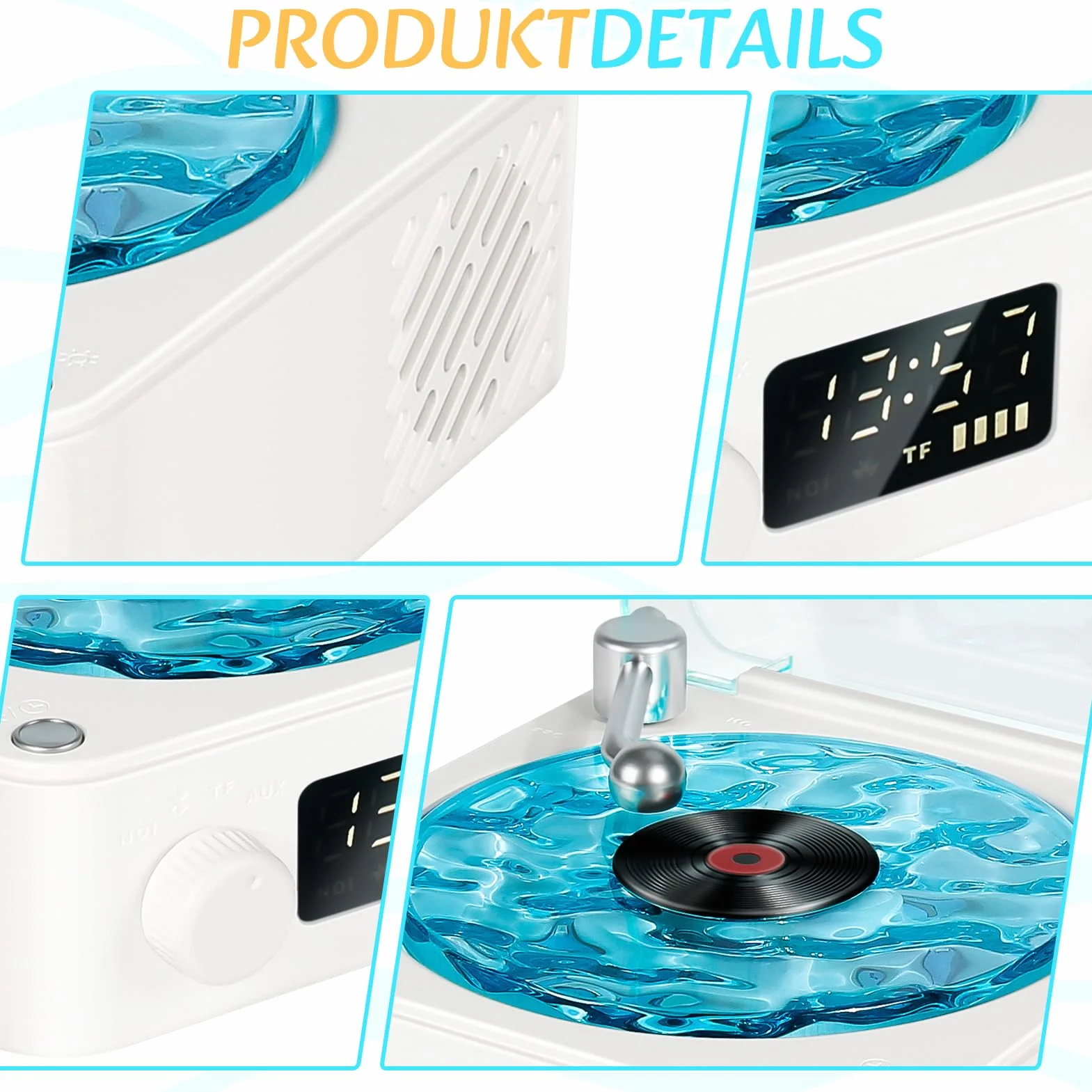 Odtwarzacz płyt winylowych Waves z głośnikiem Bluetooth i światłem Water Ripple