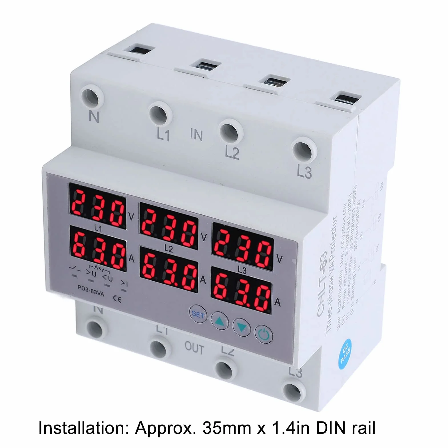 3-fazowy Woltomierz Amperomierz na Szynie DIN Multi Tester, AC 390-500 V Automatyczne Zabezpieczenie Nadnapięciowe Nadprądowe(63A)