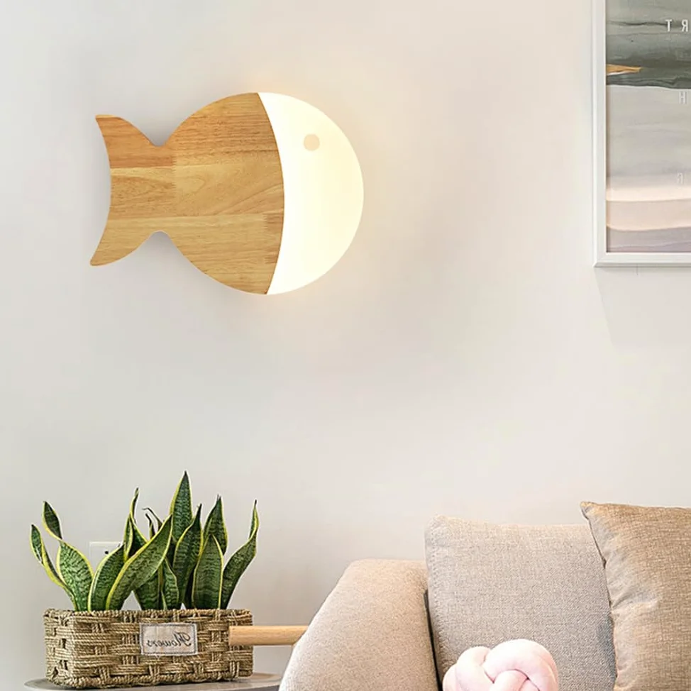 Lampa ścienna LED w kształcie ryby dla dzieci drewniana lampa ścienna do pokoju dziecięcego lampka nocna kreatywna lampka nocna ciepłe światło lampa dziecięca oświetlenie ścienne do sypialni,28cm