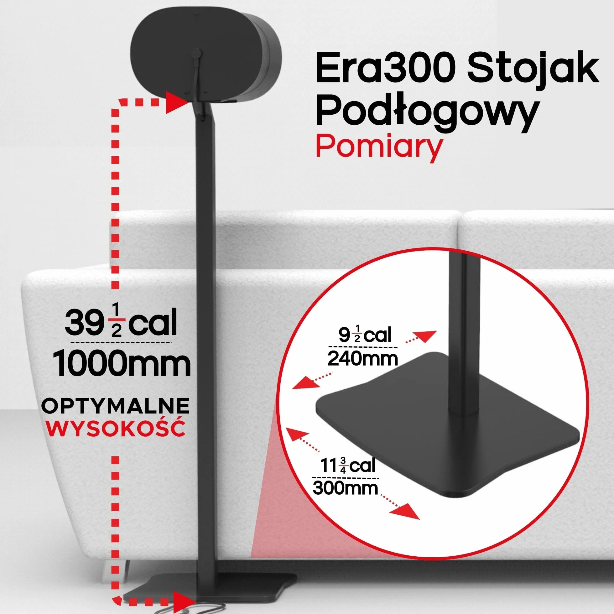 ERA300 Stojaki Podłogowe, Metalowa Konstrukcja, Zestaw 2 Szt., Czarny, Kompatybilne z Sonos ERA 300, Akcesoria w Zestawie, Zarządzanie Przewodami, Zaprojektowane w Wielkiej Brytanii, Para