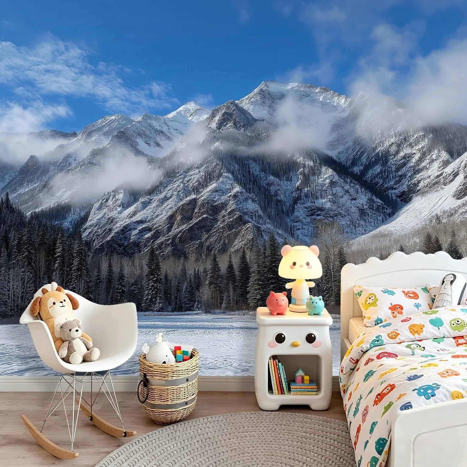 Natura, krajobraz, flizelina, fototapeta do sypialni, przy łóżku i przedpokoju, 250 x 175 cm, niewklejony efekt 3D, duży plakat fotograficzny, śnieżne góry, sosna, las mgiełka
