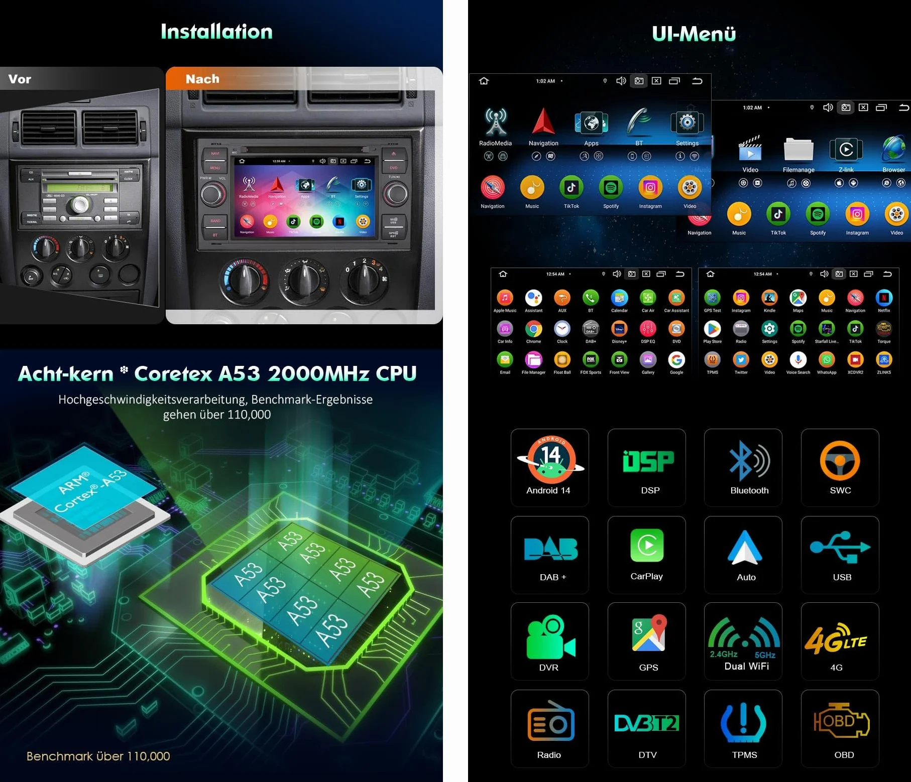 Erisin Android 16 4 GB + 64 GB 8-rdzeniowe radio samochodowe z odtwarzaczem CD, GPS, nawigacja do Ford C-Max S-Max Focus Galaxy Kuga Connect Fiesta Transit 7" ekran dotykowy CarPlay Android Auto DAB+