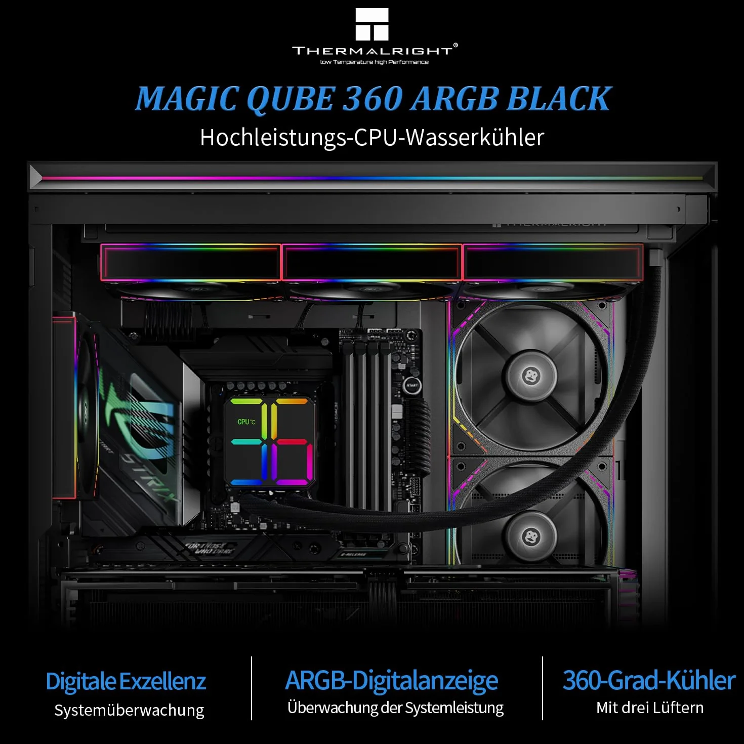 Thermalright Magic Qube 360 ARGB Black chłodnica cieczy CPU, 360mm Aio CPU,trzy wentylatory TL-M12Q PWM,cyfrowy wyświetlacz głowicy chłodnicy,do AM4/AM5,Intel LGA1851/1700/115X/1200