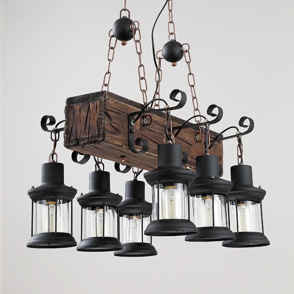 Lampa wisząca w stylu vintage, E27, rustykalna, drewniana belka, Edison, wisząca lampa sufitowa, drewniana, z regulacją wysokości, industrialna lampa wisząca
