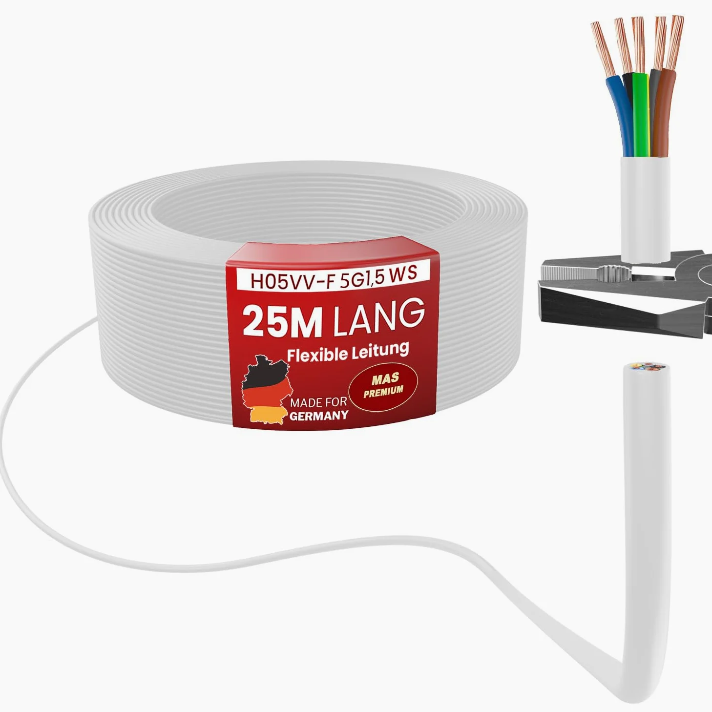 MAS Premium Przewód węża z tworzywa sztucznego H05VV-F 2, 3, 4 lub 5 x 0,75; x1; x1,5 lub x2,5 elastyczny przewód, kabel do urządzeń (H05VV-F 5G1,5 WS, 25 m)