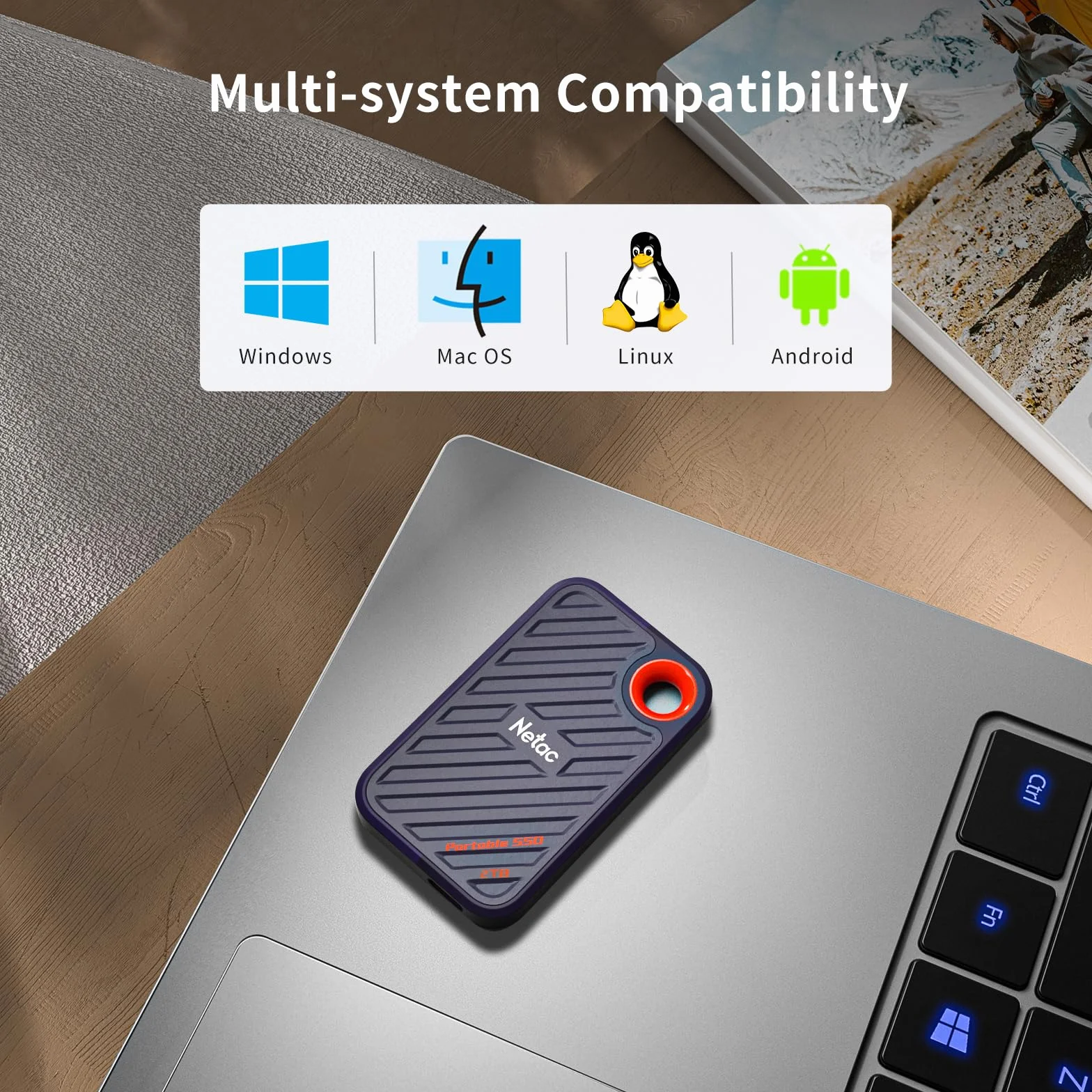 Netac ZX20 przenośny dysk SSD 2 TB, przenośny, 2 TB (do 2000 MB/s odczytu i zapisu, odporny na wstrząsy, szyfrowanie AES, odporny na wodę i kurz), szary