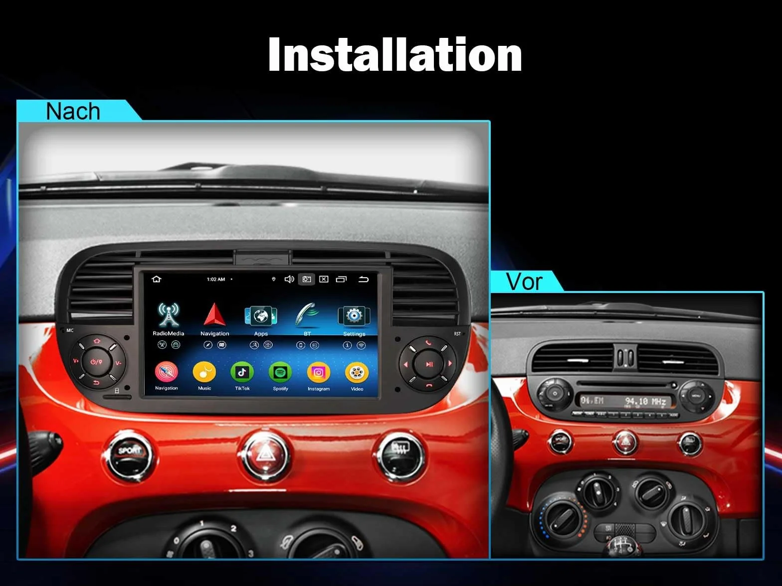 Erisin 8-rdzeniowy 4 GB 64 GB Android 14 GPS radio samochodowe Bluetooth 5.0 nawigacja Fiat 500 2008-2015 7 cali ekran dotykowy bezprzewodowy CarPlay Android Auto WiFi