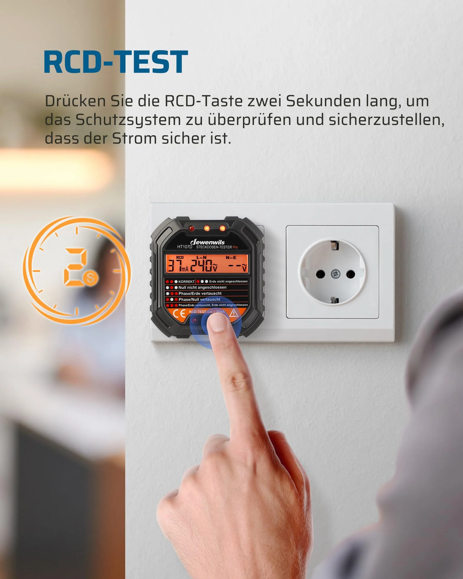 DEWENWILS Tester gniazd z kontrolą RCD i wyświetlaczem napięcia LCD, 6 rodzajów diagnostyki błędów, wskaźnik napięcia i prądu, test FI, 48-250 V/45-65 Hz, CAT ll 300 V