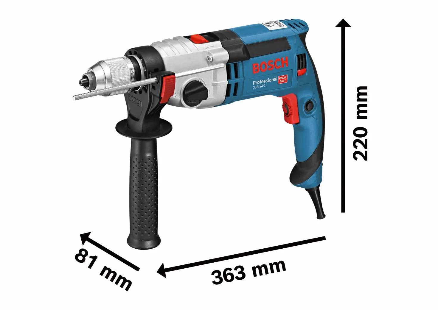 Bosch Professional: wiertarka udarowa GSB 24-2 moc 1100 W, maks. moment obrotowy: 40/14,5 Nm, szybkozaciskowy uchwyt wiertarski, rękojeść dodatkowa, ogranicznik głębokości, walizka L-Case