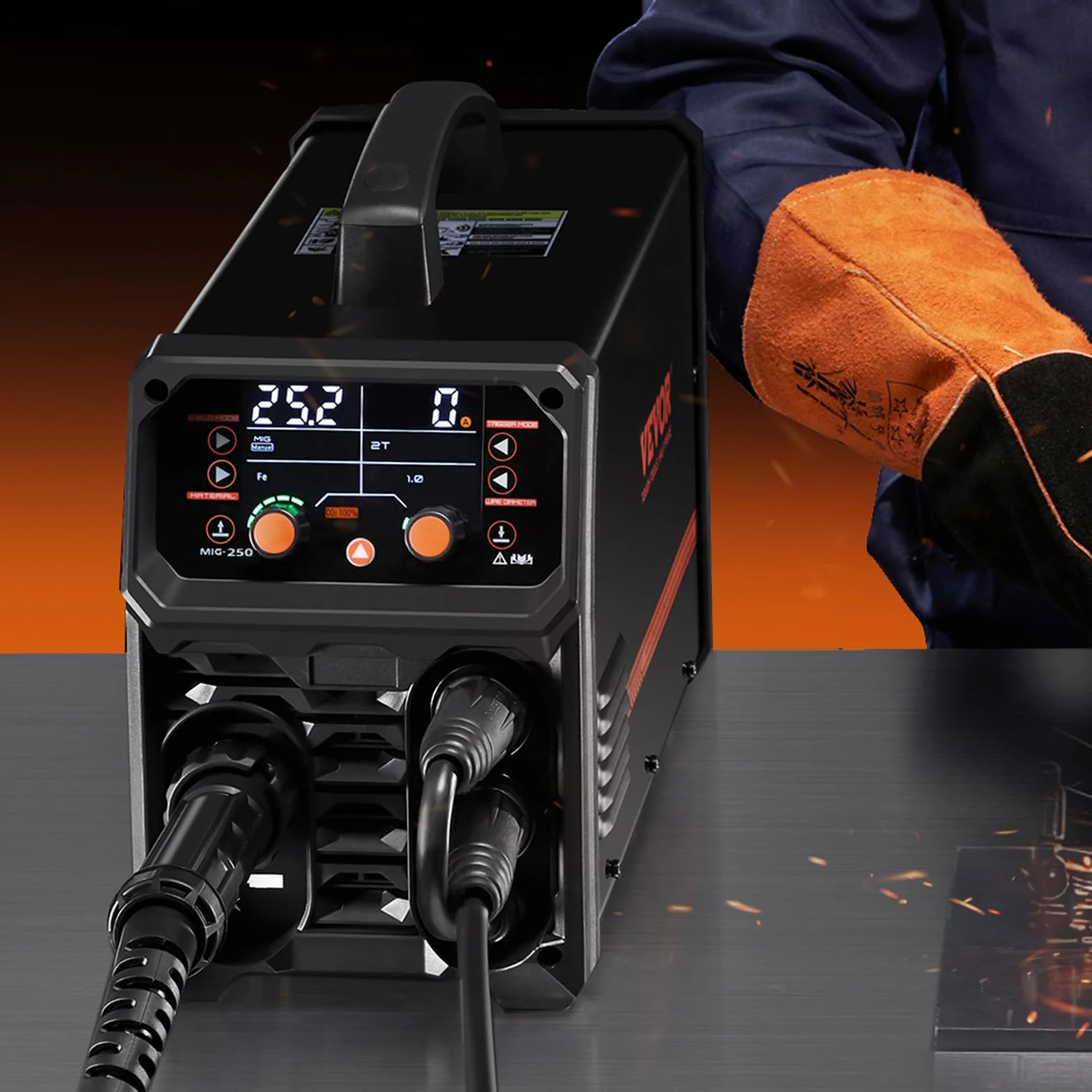 VEVOR Spawarka MIG, 250 A, spawarka synergiczna, przenośna spawarka gazowa MIG, bezgazowa, MMA, 5 w 1, z technologią Inverter IGBT, wyświetlacz LCD, latarka podnosząca TIG nie wchodzi w zakres dostawy