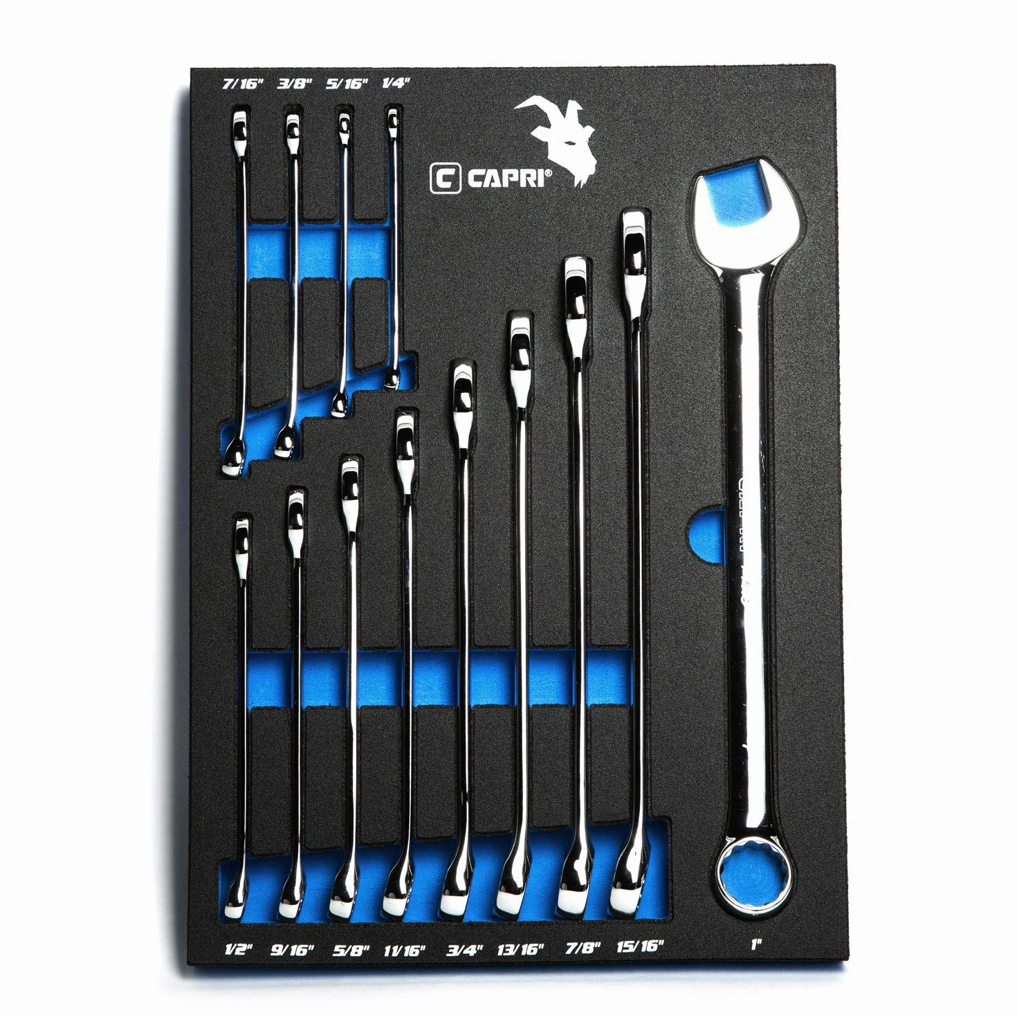 Capri Tools SmartKrome zestaw kluczy płasko-oczkowych z tacą mechanika, SAE 1/4 do 2,5 cm, 13-częściowy