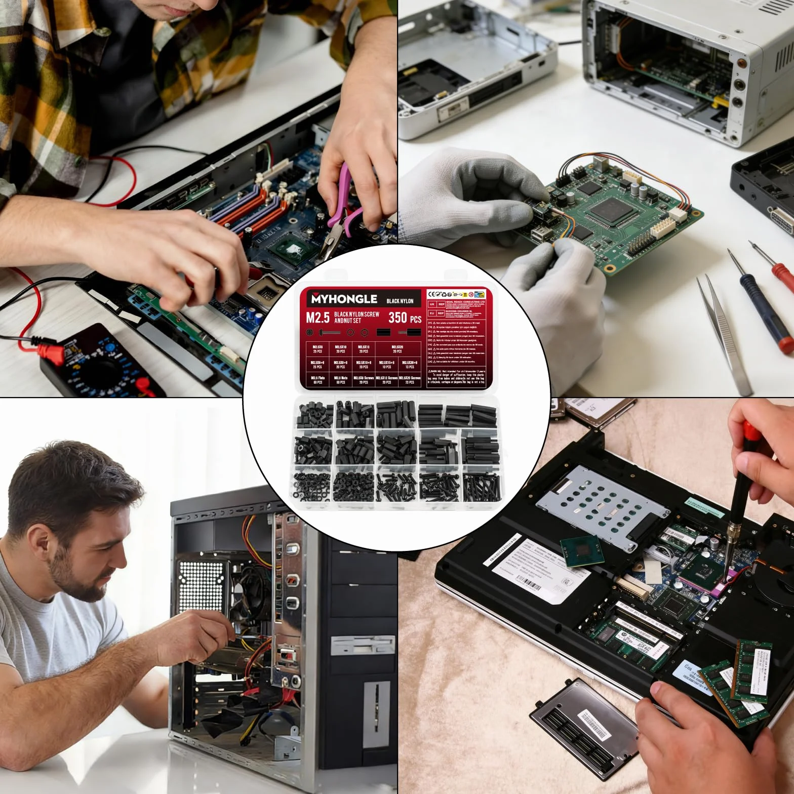Zestaw 350 sztuk śrub M2,5, dystansowe płyty głównej, zestaw śrub z tworzywa sztucznego i nakrętek, męskie żeńskie dystansowe płytek PCB tuleje dystansowe, zestaw śrub nylonowych i nakrętek (czarne)