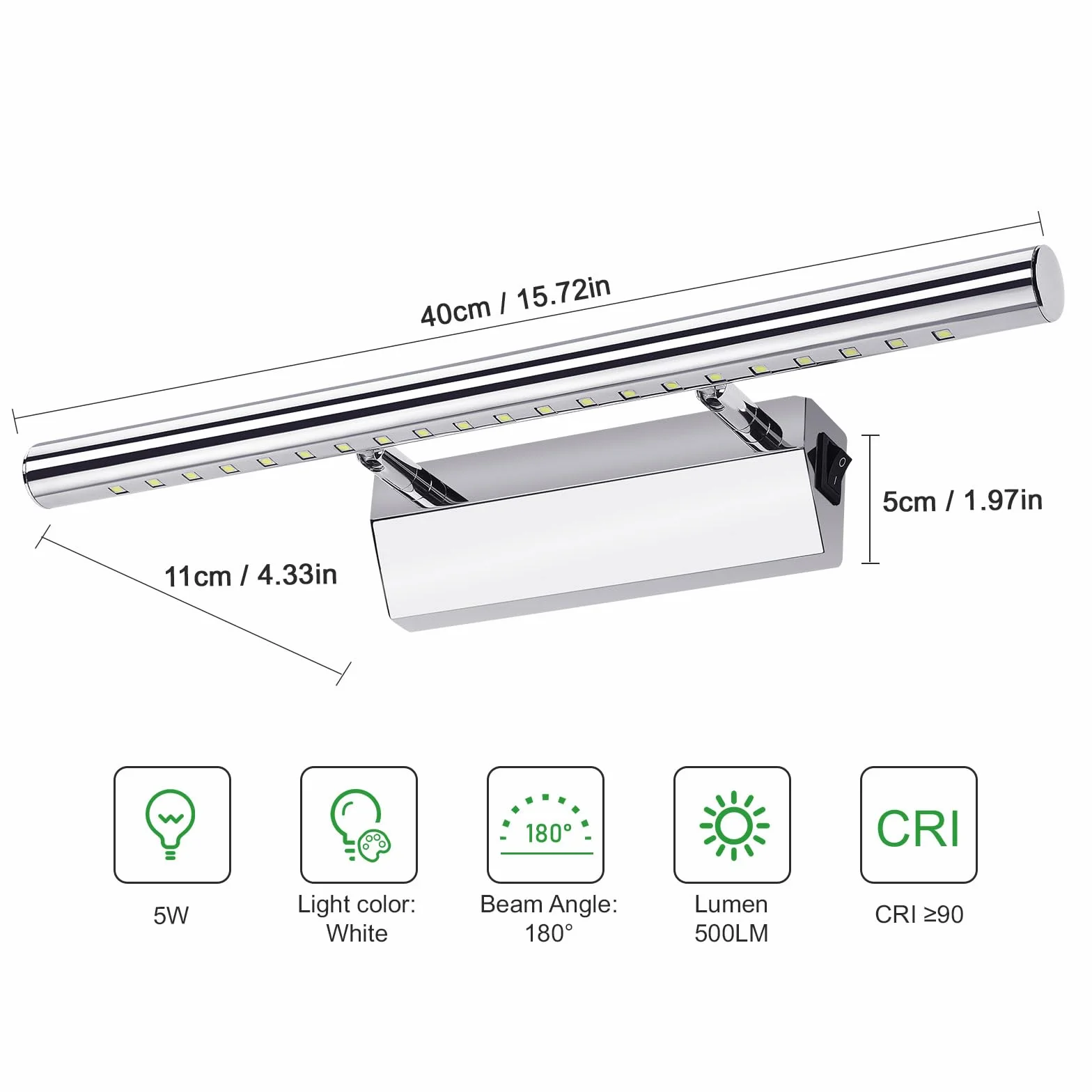 Glighone LED lampa nad lustro, 5 W, 40 cm, regulacja 180°, stal nierdzewna, zimna biel, z przełącznikiem