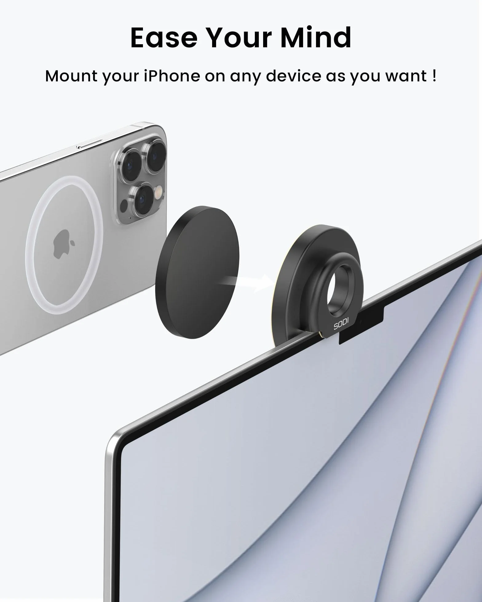 SODI Continuity iPhone kamera do MacBook, iPhone 17/16/15/14/13/12, iMac, Studio Displays, uchwyt kamery internetowej z regulacją nachylenia do monitorów biurkowych. (czarny)