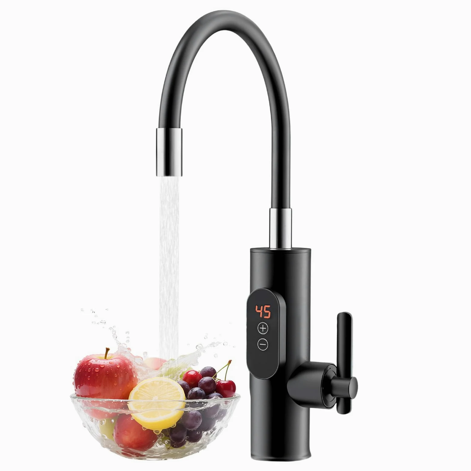 Yolispa Elektryczny kran z podgrzewaczem wody, 3300 W, kran z podgrzewaczem wody, z cyfrowym wyświetlaczem, regulowana temperatura, elektryczny podgrzewacz wody, obracany o 360°