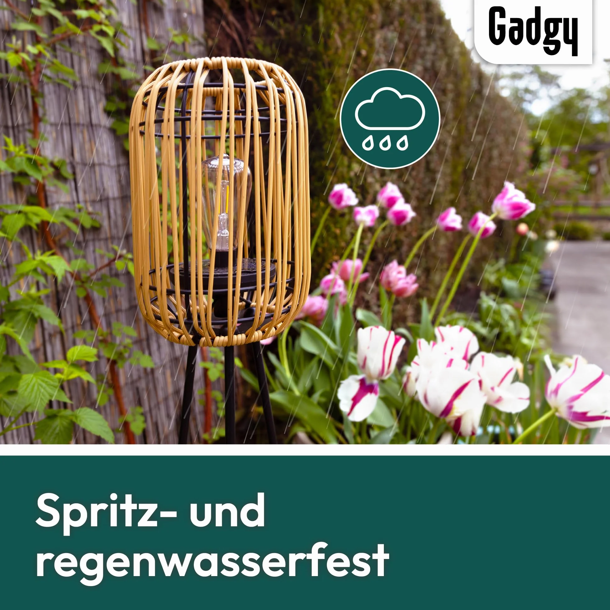Gadgy Lampa Stojąca Solarna Na Zewnątrz - Rattanowa LED Na Trójnogu, Wodoodporna Lampa Ogrodowa Do Balkonu, Tarasu i Patio, Zrównoważone Dekoracyjne Oświetlenie Zewnętrzne