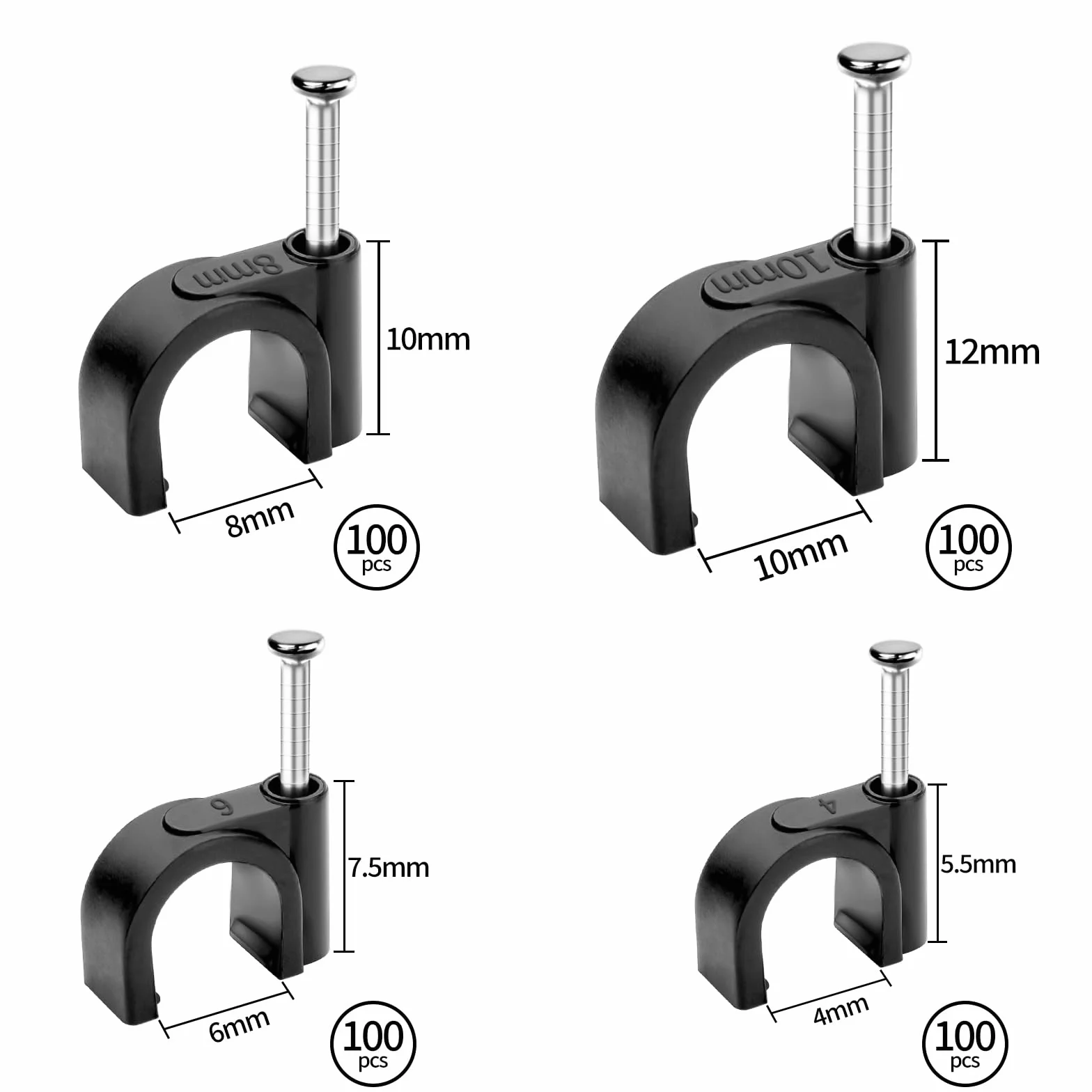 Obejma kablowa do paznokci czarna 4 mm 100 szt., 6 mm 100 szt., 8 mm, 100 szt., 10 mm, 100 szt