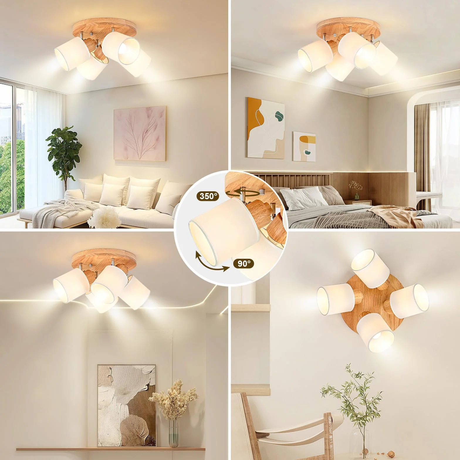 Lampa sufitowa 4 obrotowe reflektory, okrągłe drewno oświetlenie sufitowe oprawa wewnętrzna Retro E14 kinkiet do salonu, sypialni, kuchni, jadalni 230 V, bez żarówek