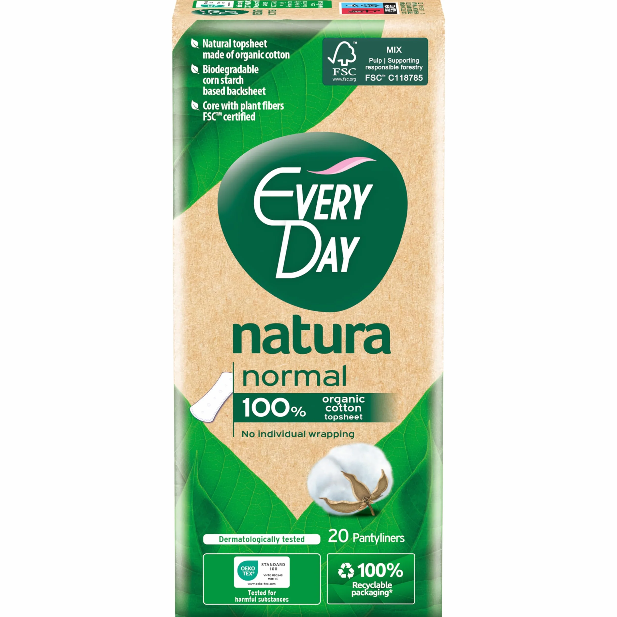 EveryDay Natura Salvaslip Normal, 100% filtr Bawełna organiczna, biodegradowalna, 20 Jednostki