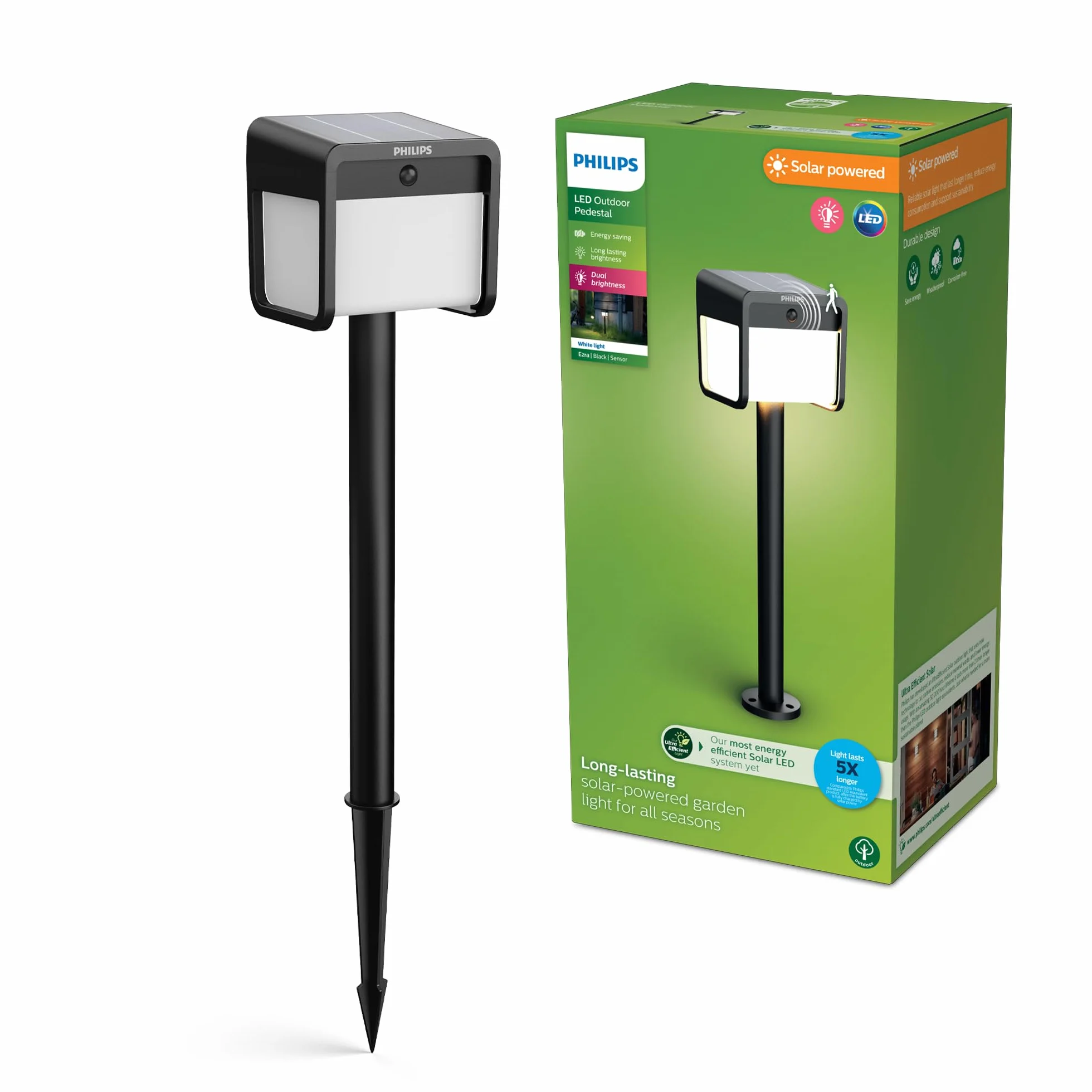 Philips Ezra UltraEfficient Zewnętrzna Lampa na Postumencie Solarna z Czujnikiem, 3000K, 250/25lm, Czarna