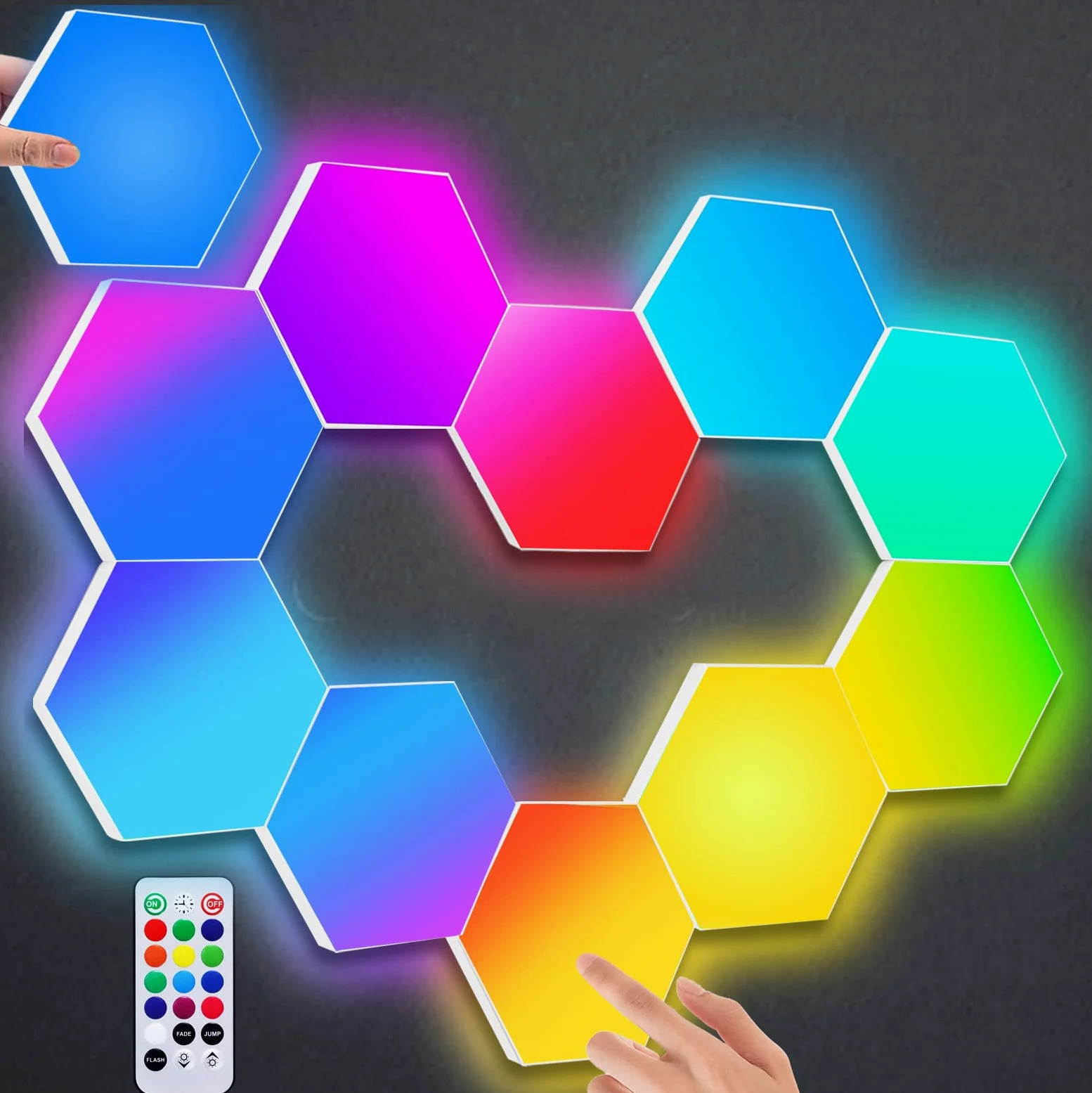 Panele LED RGB z pilotem zdalnego sterowania, wewnętrzne kinkiety LED sześciokątne światła do gier sterowanie dotykowe, geometria DIY lampa do gier LED ściana akcesoria do gier do sypialni, 10 paneli