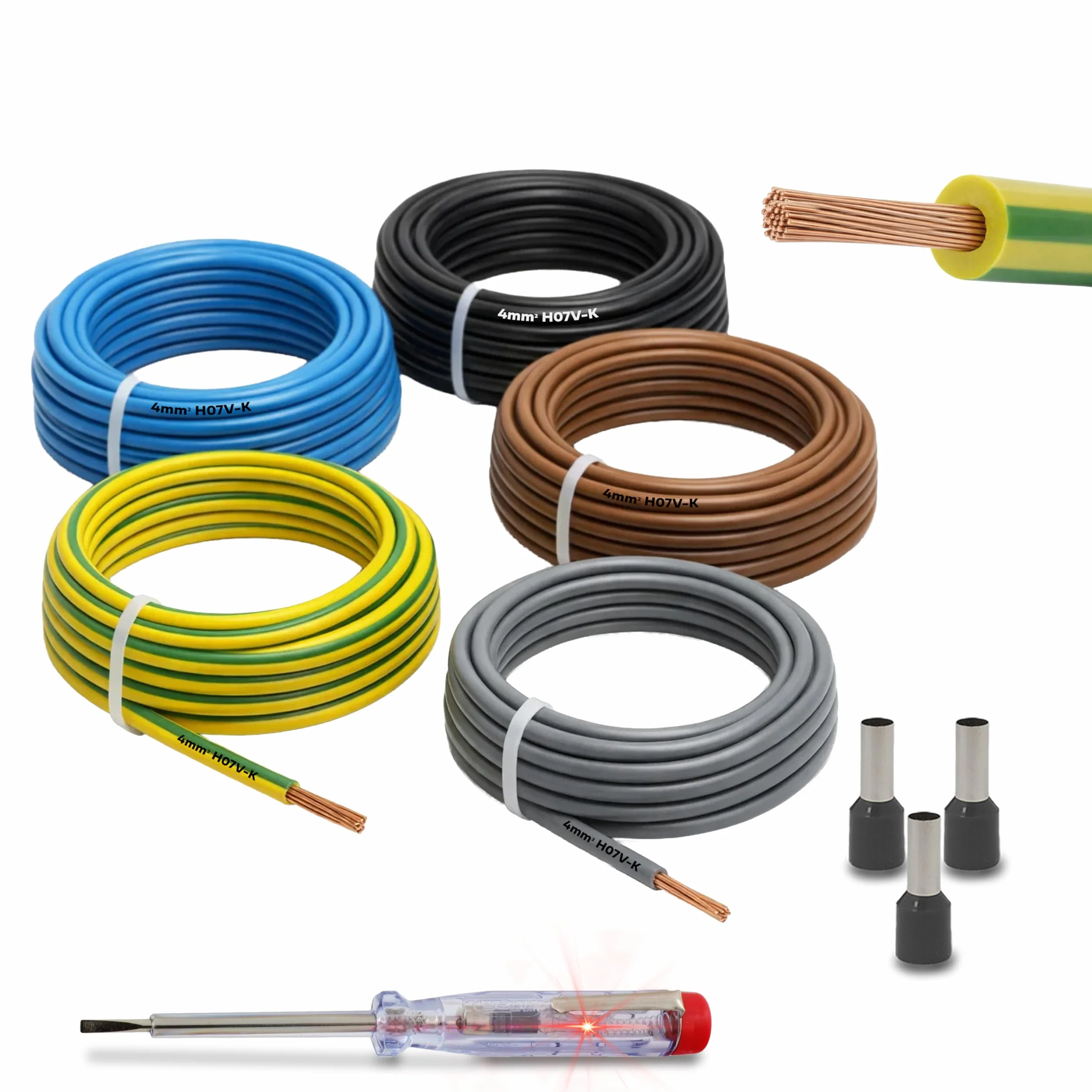 Zestaw okablowania 4 mm² H07V-K przewód żyłowy elastyczny zestaw 5 x 10 m wraz z 100 tulejkami kablowymi przewód okablowania idealny do licznika, przewodów uziemiających i mostów okablowania