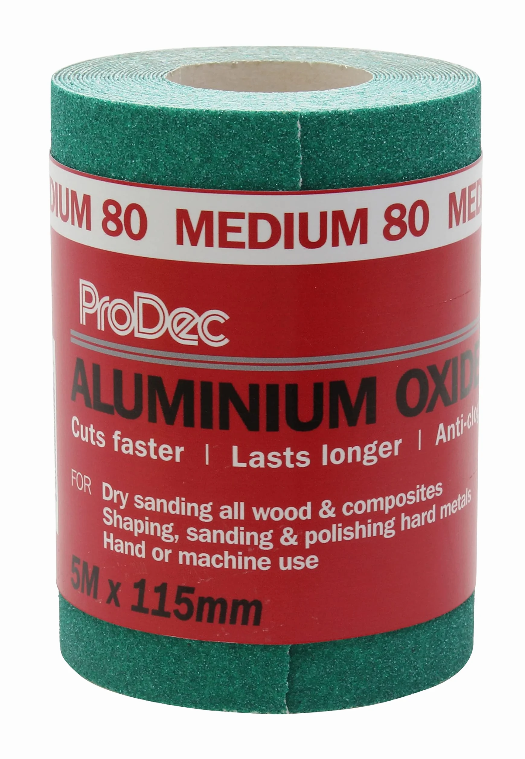 ProDec 5 m rolka papieru ściernego o średniej ziarnistości 80 g, zielony papier ścierny z tlenku glinu do szlifowania drewna, farby, tynku, szpachli, metalu i innych materiałów, szerokość 115 mm