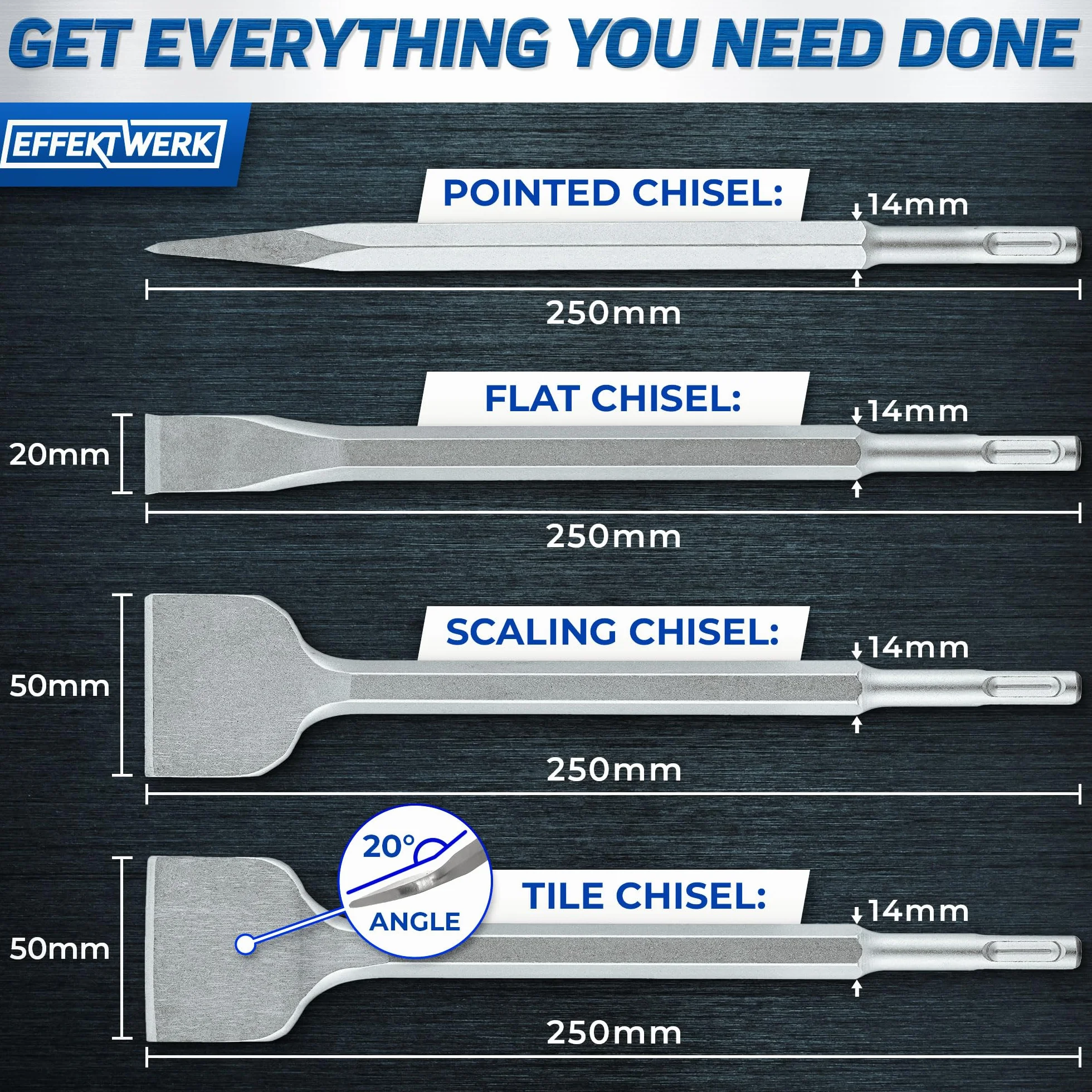 SDS Plus Chisel Bit Set - 4 Pc - 1 Flat Chisel, 1 Pointed Chisel, 1 Scaling Chisel & 1 Tile for Concrete Demolition