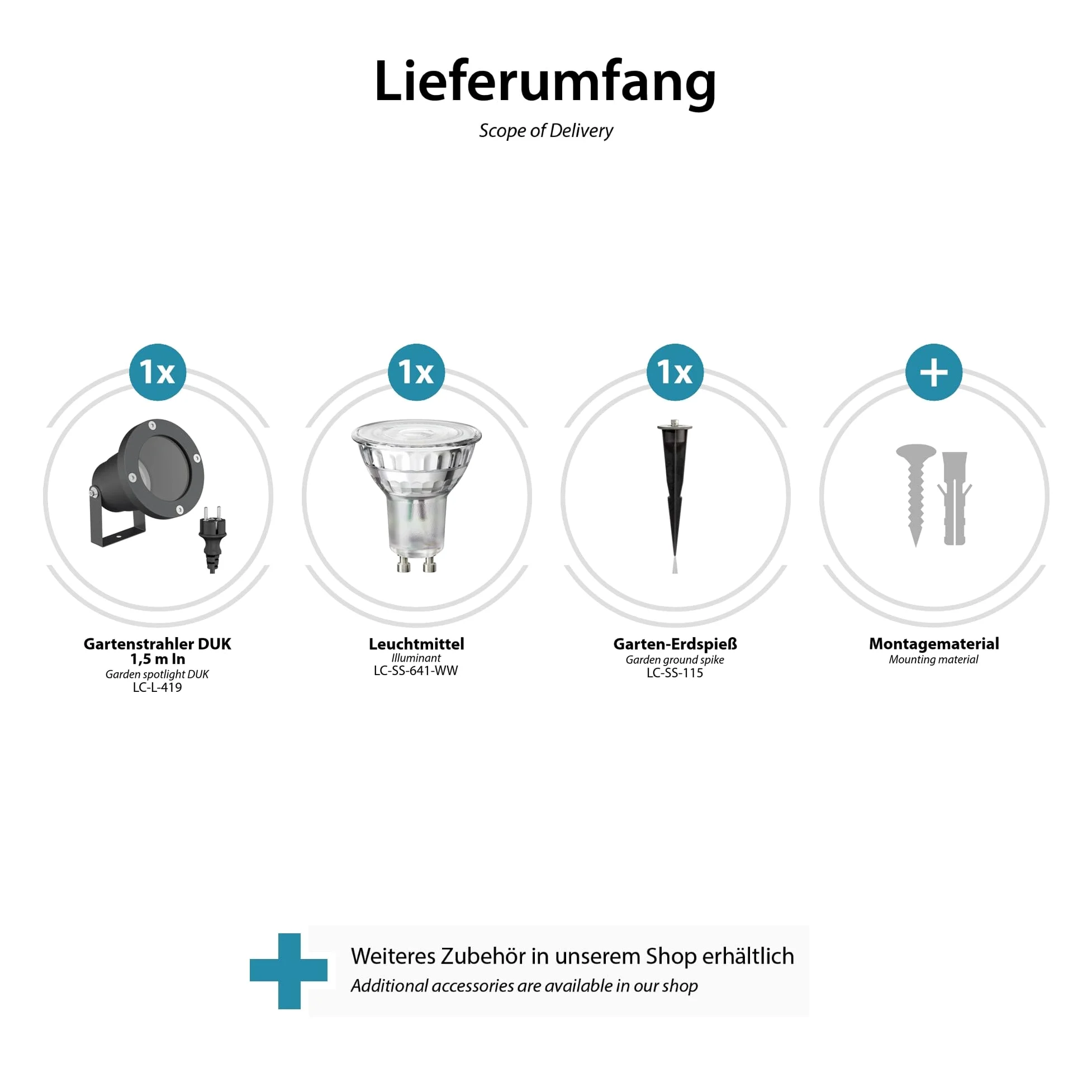 ledscom.de 6-elementowy reflektor ogrodowy LED DUK w kolorze antracytowym z kołkiem do wbijania w ziemię, do użytku na zewnątrz, IP65, w zestawie reflektor LED GU10 (ciepła biel, 5,4 W, 510 lm,