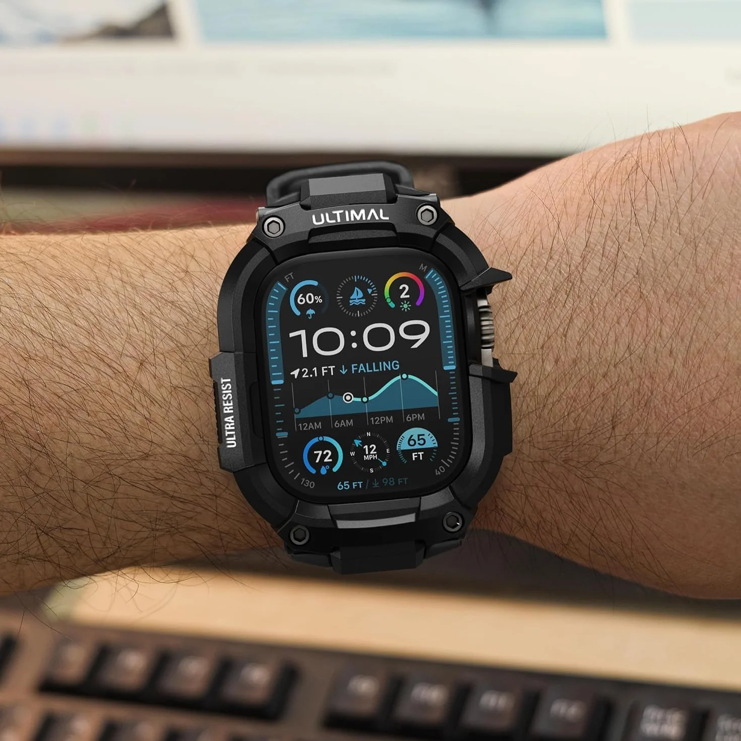 ULTIMAL Pasek kompatybilny z Apple Watch Ultra, 49 mm, z etui typu bumper, regulowany, odporny na uderzenia, wytrzymały silikonowy pasek z tworzywa TPU, do iWatch Series Ultra/Ultra 2, czarny