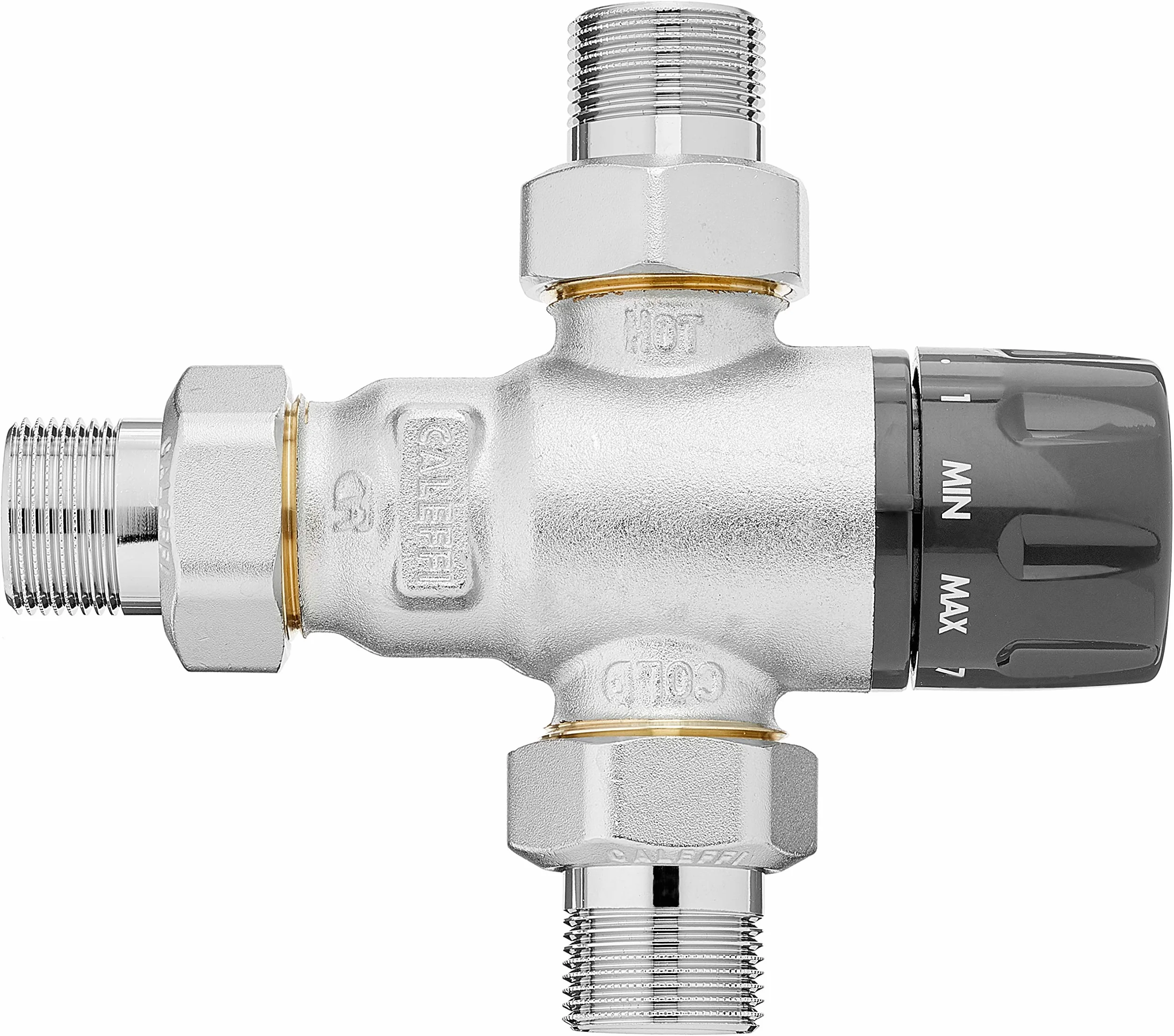Caleffi 521500 termomikser 3/4 cala 30 – 65 °C odporny na zakamienie, regulowany, bez odzyskiwania cynku