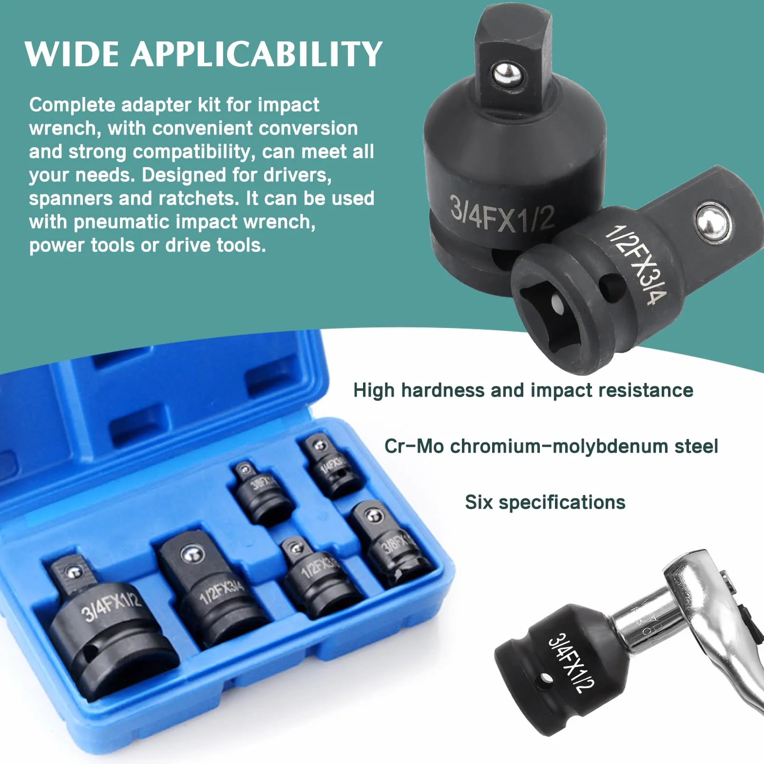 6-częściowy zestaw adapterów nasadowych, 1/4" 3/8" 1/2" 3/4", adapter redukcyjny do napędu czworokątnego, adapter narzędziowy do grzechotki i drążka dynamometrycznego
