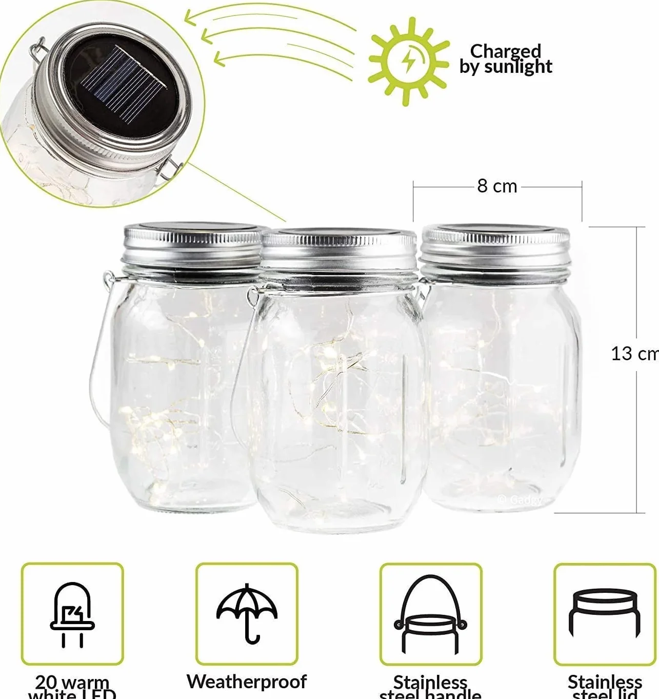 Gadgy ® Solarny zestaw szklanych lamp| (3 sztuki) | 20 ciepłych białych diod LED | Solarna lampa szklana Outdoor Garden Lantern