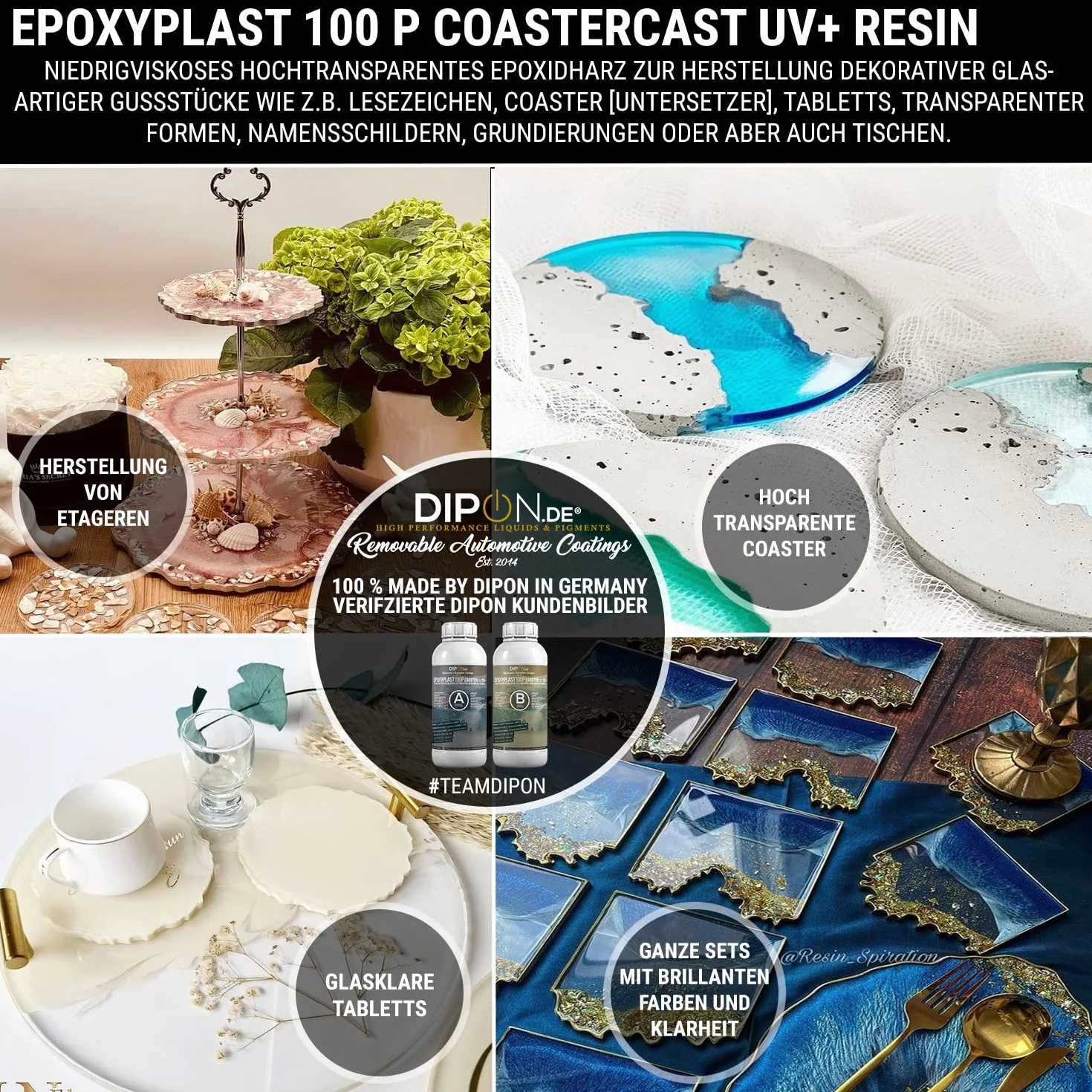 Żywica epoksydowa EpoxyPlast 100P CoasterCast UV+ 15,0 kg, bezbarwna i bez pęcherzyków powietrza, maksymalna ochrona przed promieniowaniem UV, nie zawiera BPA, nietoksyczna, nadaje się do podstawek z