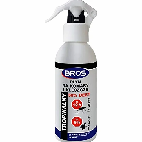 BROS Płyn na komary i kleszcze 50% DEET 130ml Płyn bardzo skutecznie odstrasza komary (w tym tropikalne, które przenoszą malarię i gorączkę zachodniego Nilu), kleszcze i meszki