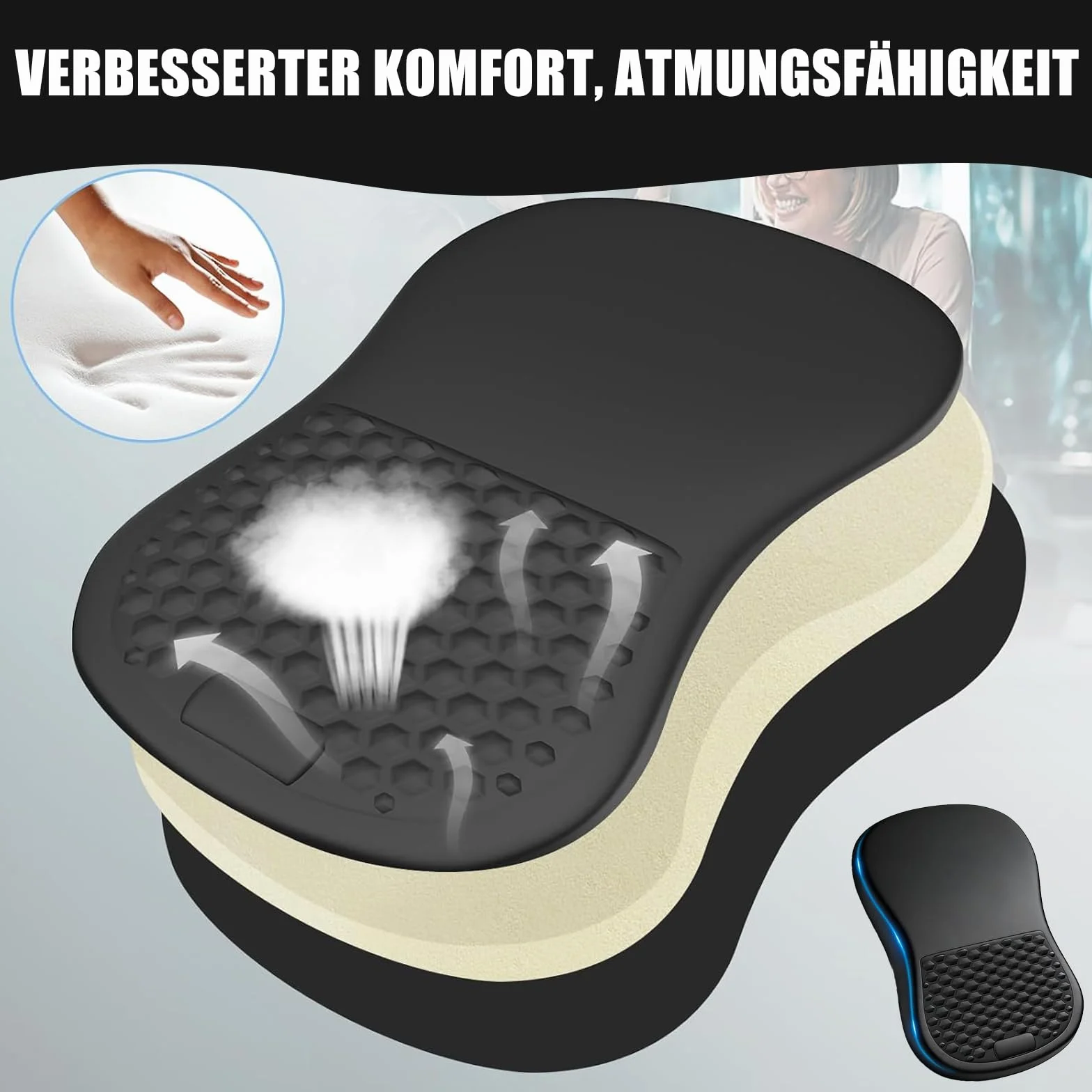 Ergonomiczna podkładka pod mysz z podpórką pod nadgarstek, pianka memory + poduszka żelowa, antypoślizgowa podstawa z poliuretanu, do biura, gamingu, laptopa, PC (czarna)
