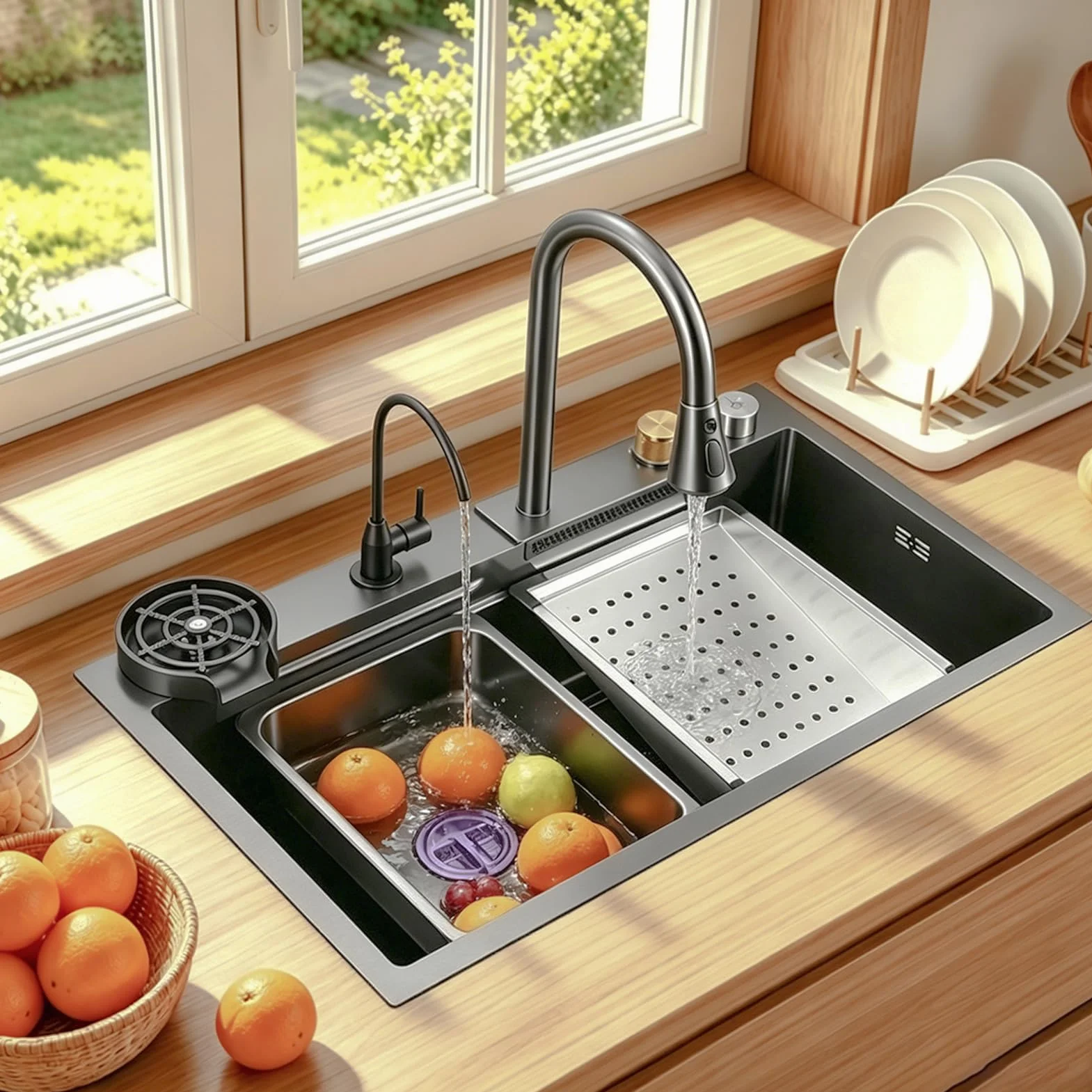 Waterfall Kitchen Sink Stainless Steel Top Mount Sink Black Nano Single Bowl Sink Multifunctional Workstation Sink With Pull-out Faucet, Glass Cup Washer, Drain Basin, Drainage Assembly(80x45x22cm)