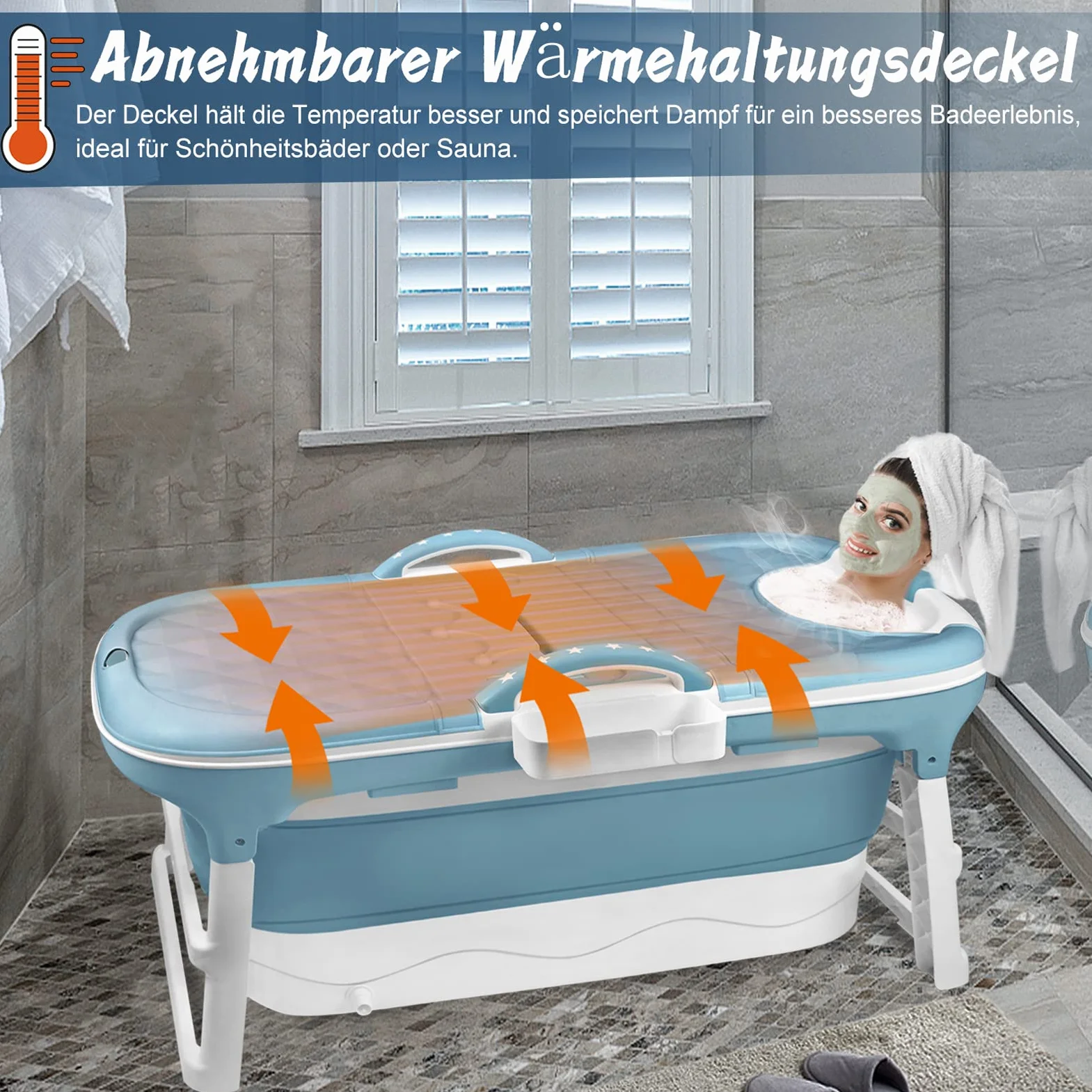 LZQ Składana wanna dla dorosłych, mobilna wanna ze zdejmowaną pokrywą, podłokietnik, kosz na mydło PP + TPE, składana wanna do łazienki, SPA, 118 x 62 x 53 cm, niebieska