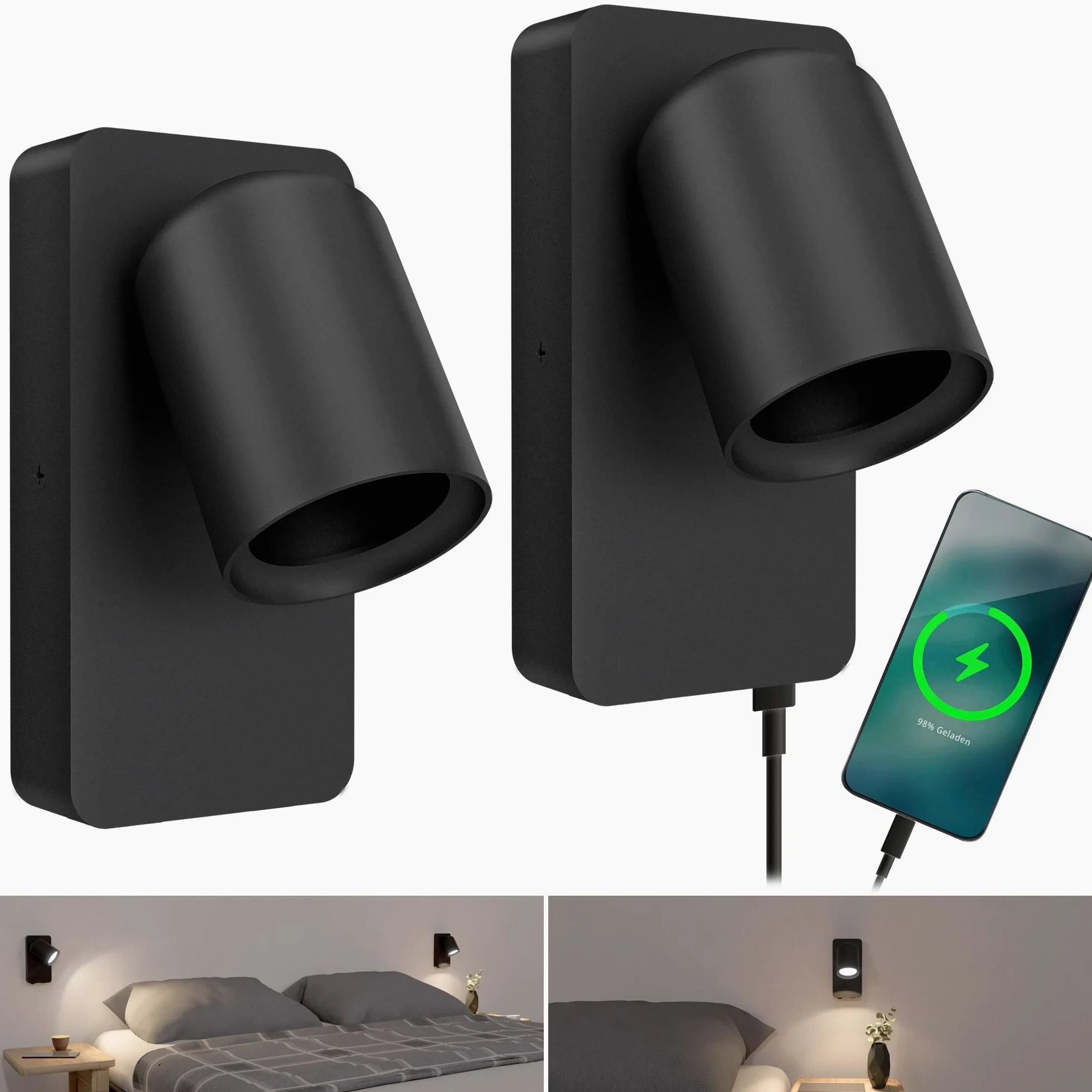 SSC-LUXon NERU 2 sztuki lampa ścienna scandi czarna obrotowa – lampa do czytania sypialnia z przyłączem USB, włącznik światła, oprawa GU10