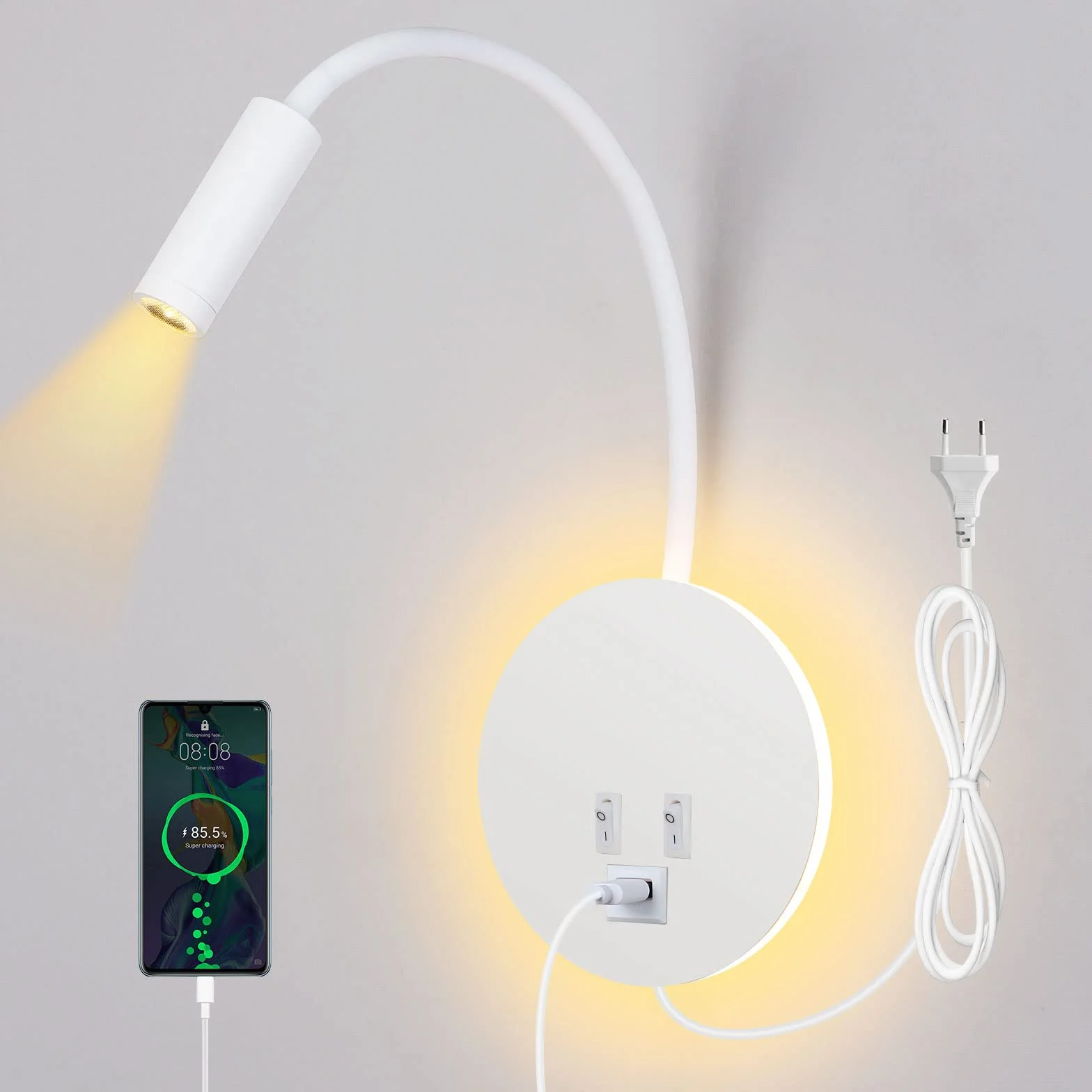 ERWEY Lampka do czytania na łóżku, lampa do czytania, montaż ścienny, 3 W + 8 W, lampka do łóżka z przełącznikiem i ładowaniem USB, lampa ścienna LED do czytania, obracana o 360°, z wtyczką i kablem