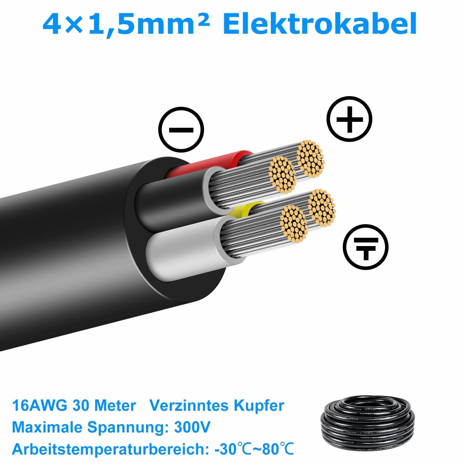30 m 16AWG 4 x 1,5 mm² kabel elektryczny, 4 żyły kabel 5 V/12 V/24 V/300 V, kabel zasilający, ocynkowany kabel miedziany, elastyczny i miękki, niska impedancja, wysoka odporność na temperaturę,