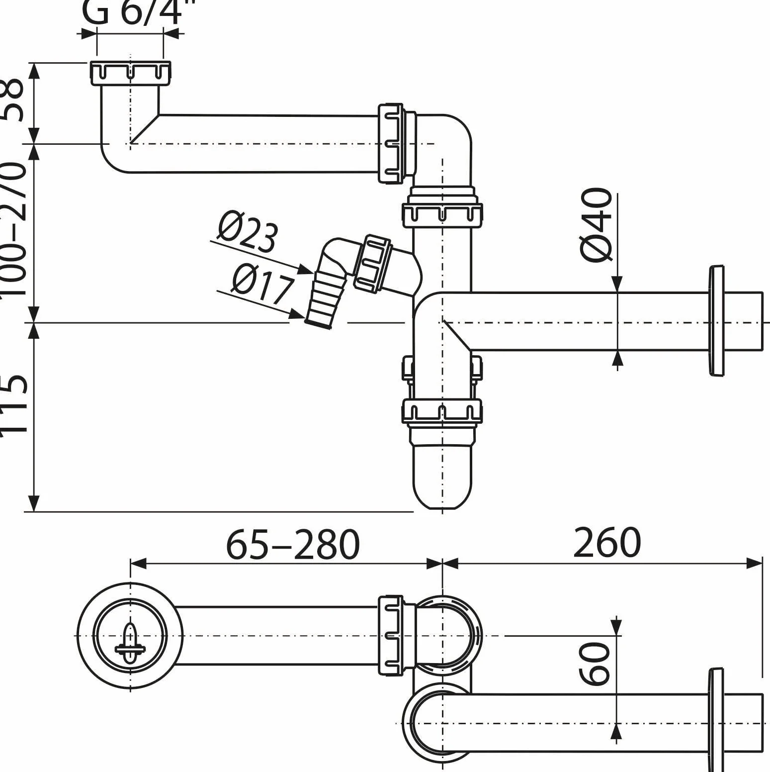 AlcaPlast A872P zlewozmywak oszczędzający miejsce syfon 1,5' x ø40 mm z przyłączem urządzenia do zmywarki do pralki