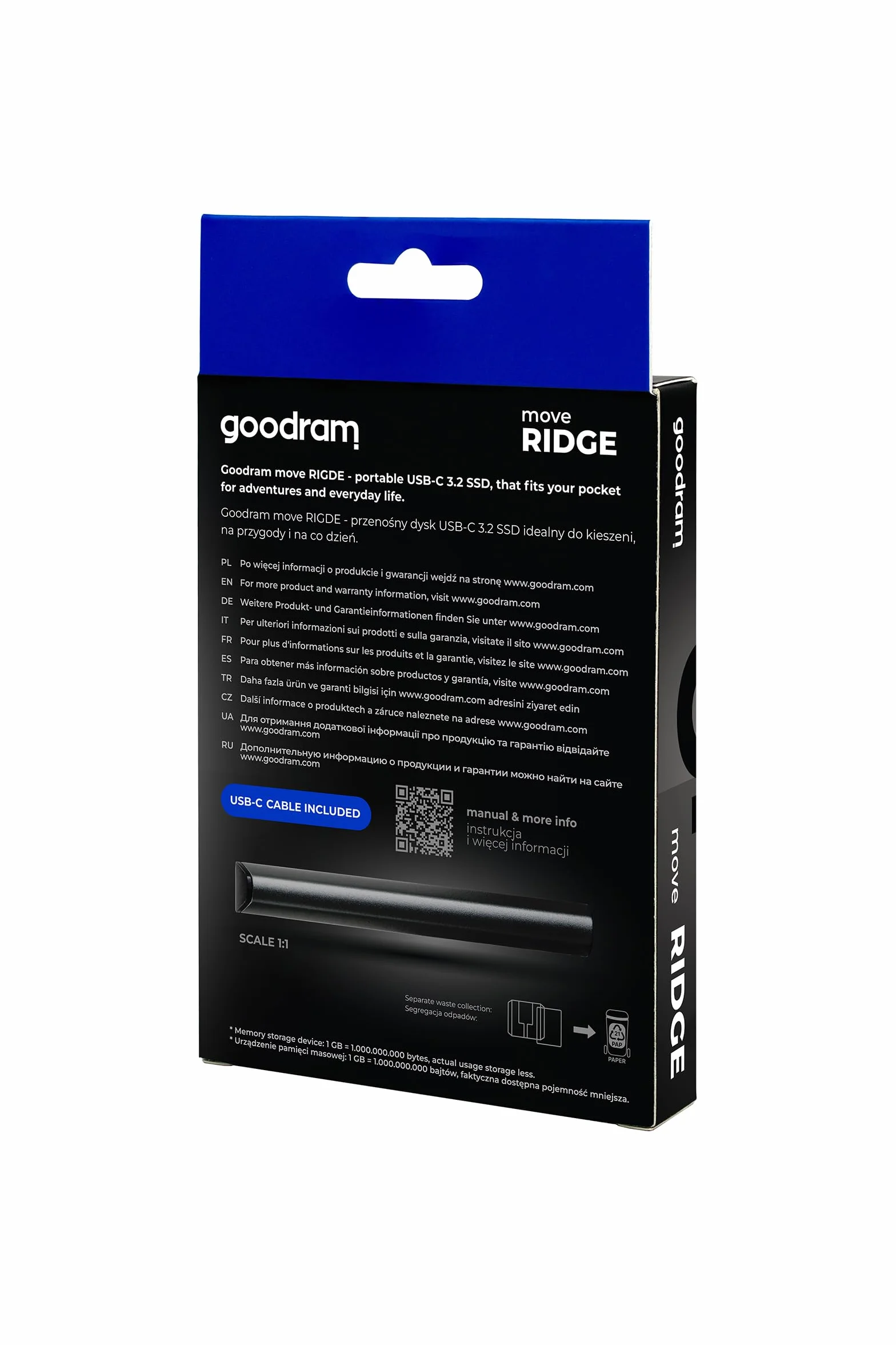 GoodRam Move Ridge Black Zewnętrzny dysk SSD 512GB USB 3.2 Gen. 2 x2 Type-C 2000 MB/s Odczytu 1500 MB/s Zapisu Metalowa Obudowa