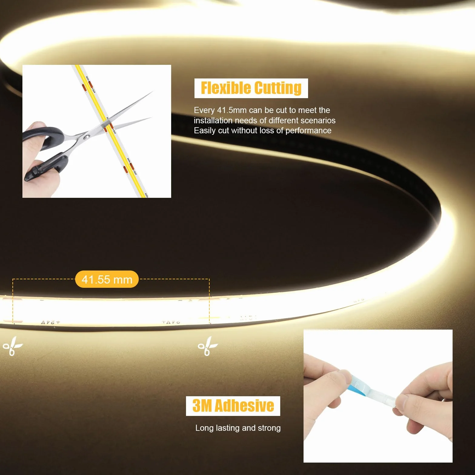 Taśma LED COB 2M, taśma LED naturalna biel 4000K, taśma świetlna 24V z funkcją ściemniania, szerokość 8mm, z pilotem RF i zasilaczem, do dekoracji domu, kuchni, lustra