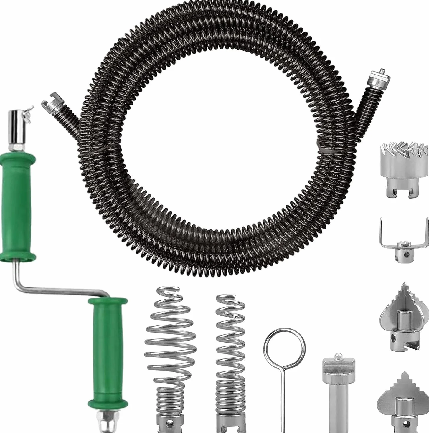 Spirala do czyszczenia odpływów, spiralna spirala 5 m, Ø 12 mm, ze stali sprężynowej, spirala do czyszczenia rur z 6 głowicami tnącymi i 1 adapterem ręcznym, do umywalki, łazienki, kuchni